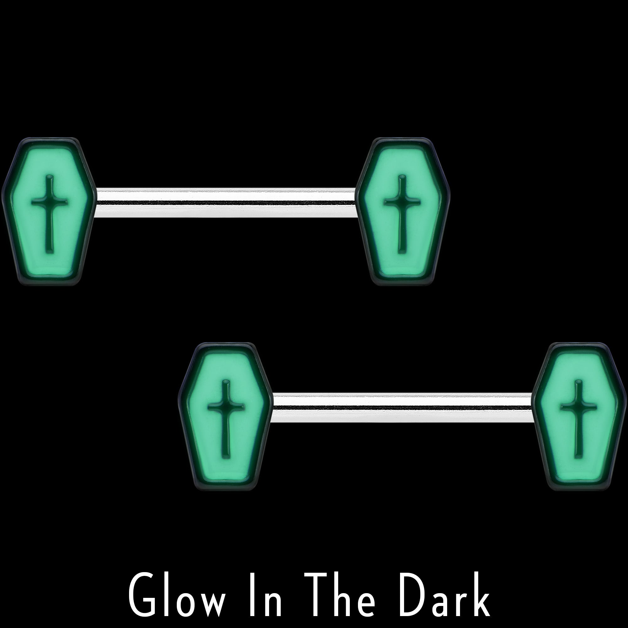 BodyCandy 14G 9/16 Creepy Coffin Lt Purple Glow in the Dark Nipple Ring Set — lifestyle context