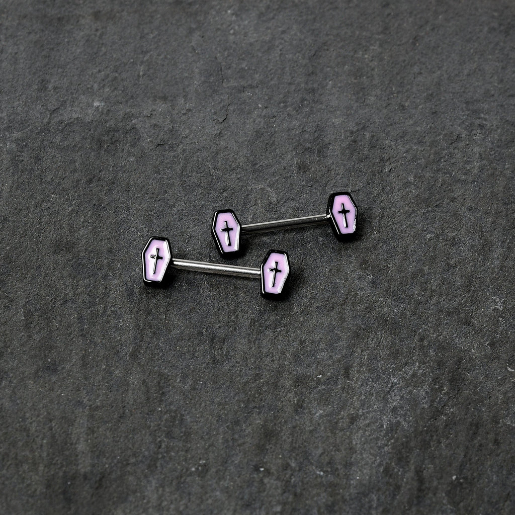 BodyCandy 14G 9/16 Creepy Coffin Lt Purple Glow in the Dark Nipple Ring Set — back view