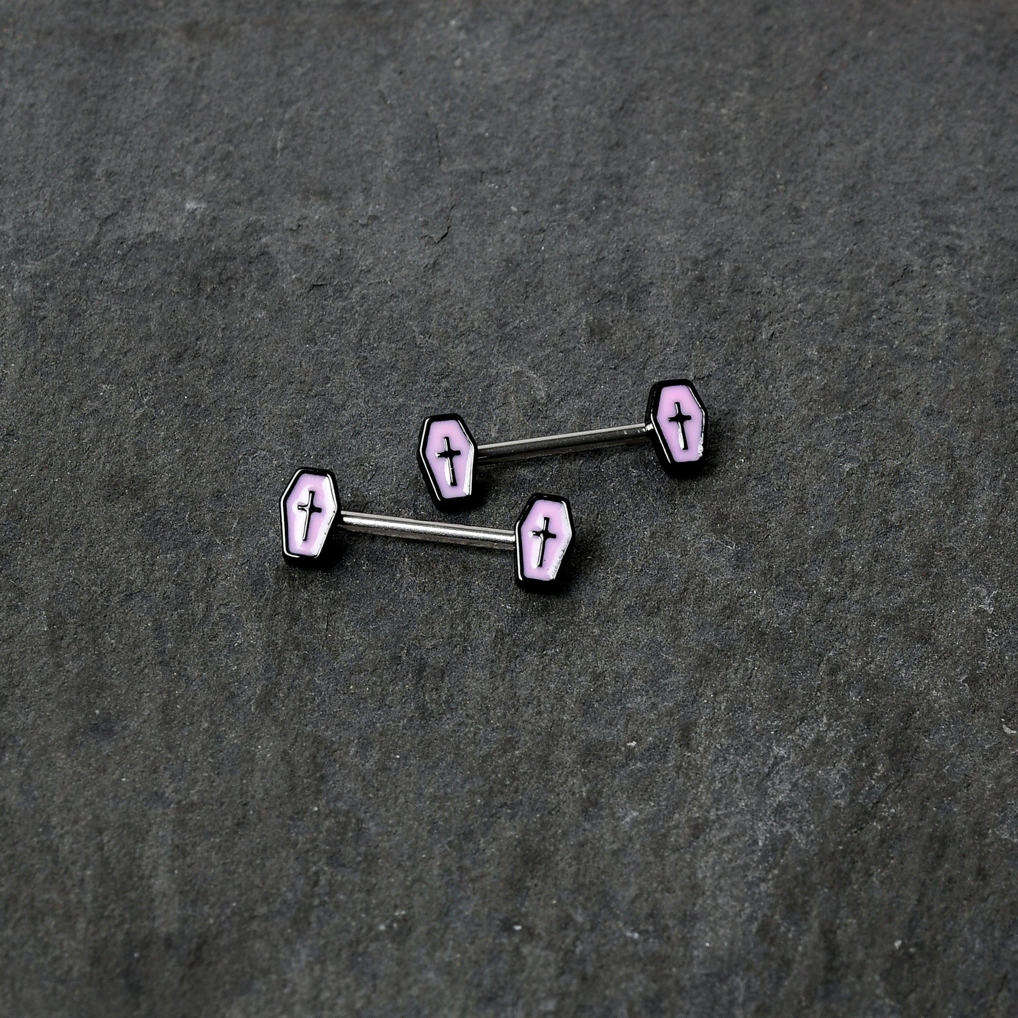 BodyCandy 14G 9/16 Creepy Coffin Lt Purple Glow in the Dark Nipple Ring Set — back view