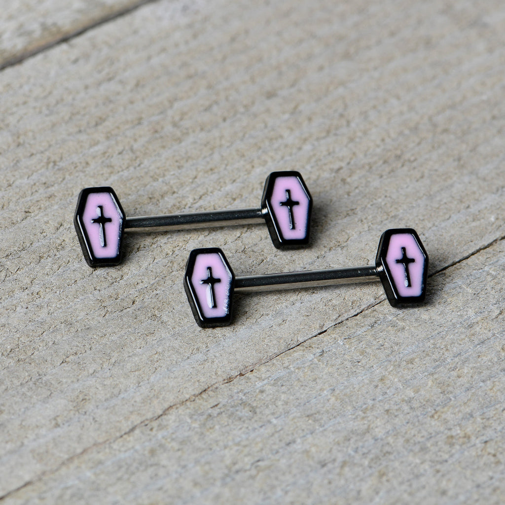 BodyCandy 14G 9/16 Creepy Coffin Lt Purple Glow in the Dark Nipple Ring Set — alternative angle