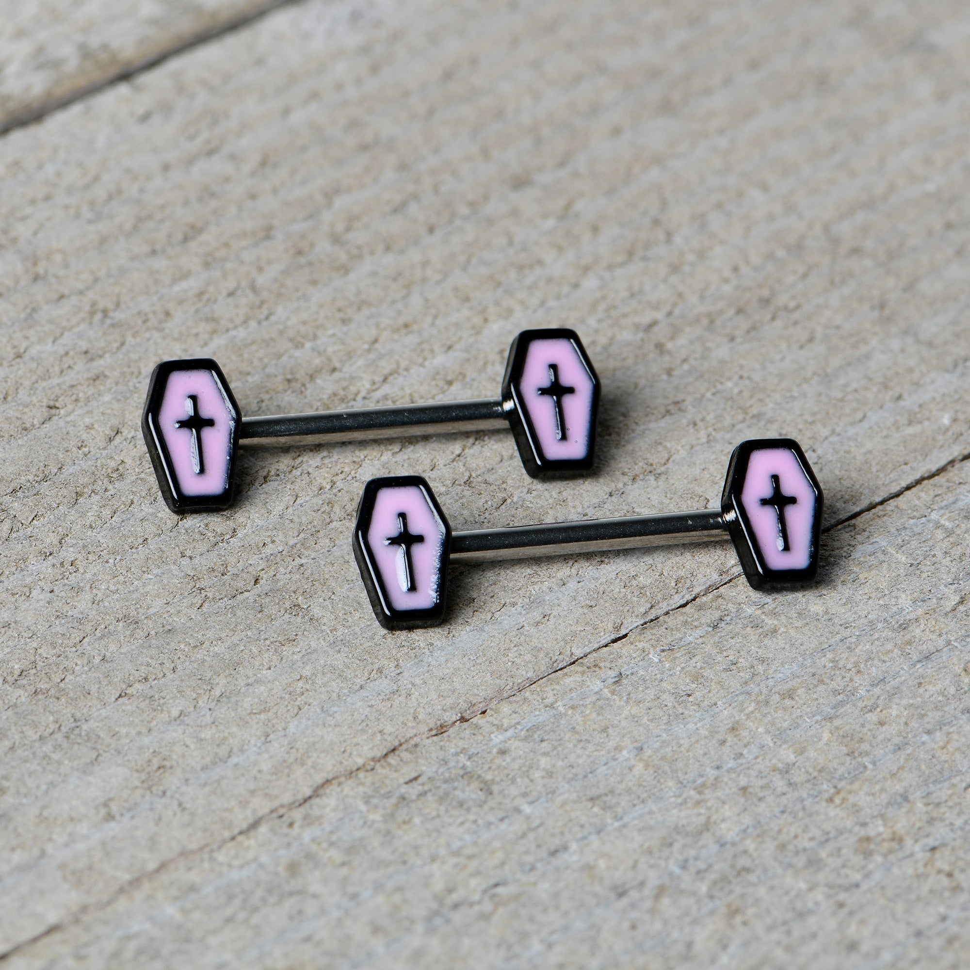 BodyCandy 14G 9/16 Creepy Coffin Lt Purple Glow in the Dark Nipple Ring Set — alternative angle