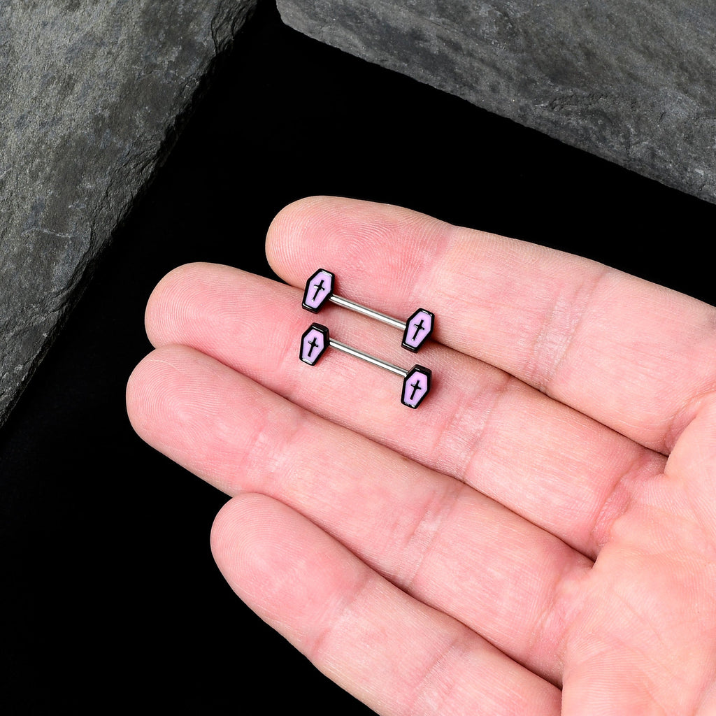 BodyCandy 14G 9/16 Creepy Coffin Lt Purple Glow in the Dark Nipple Ring Set — in-use photo