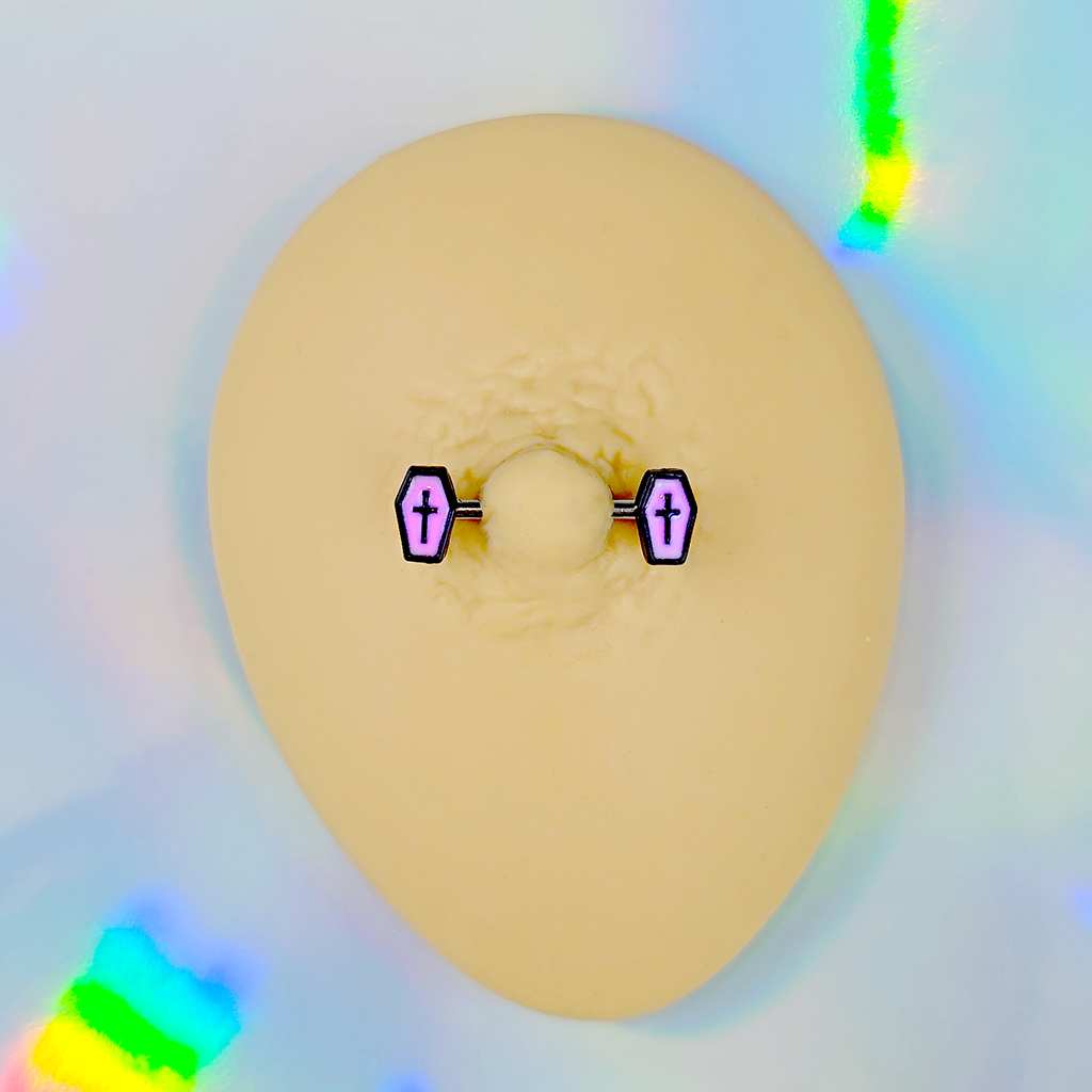 BodyCandy 14G 9/16 Creepy Coffin Lt Purple Glow in the Dark Nipple Ring Set — color detail