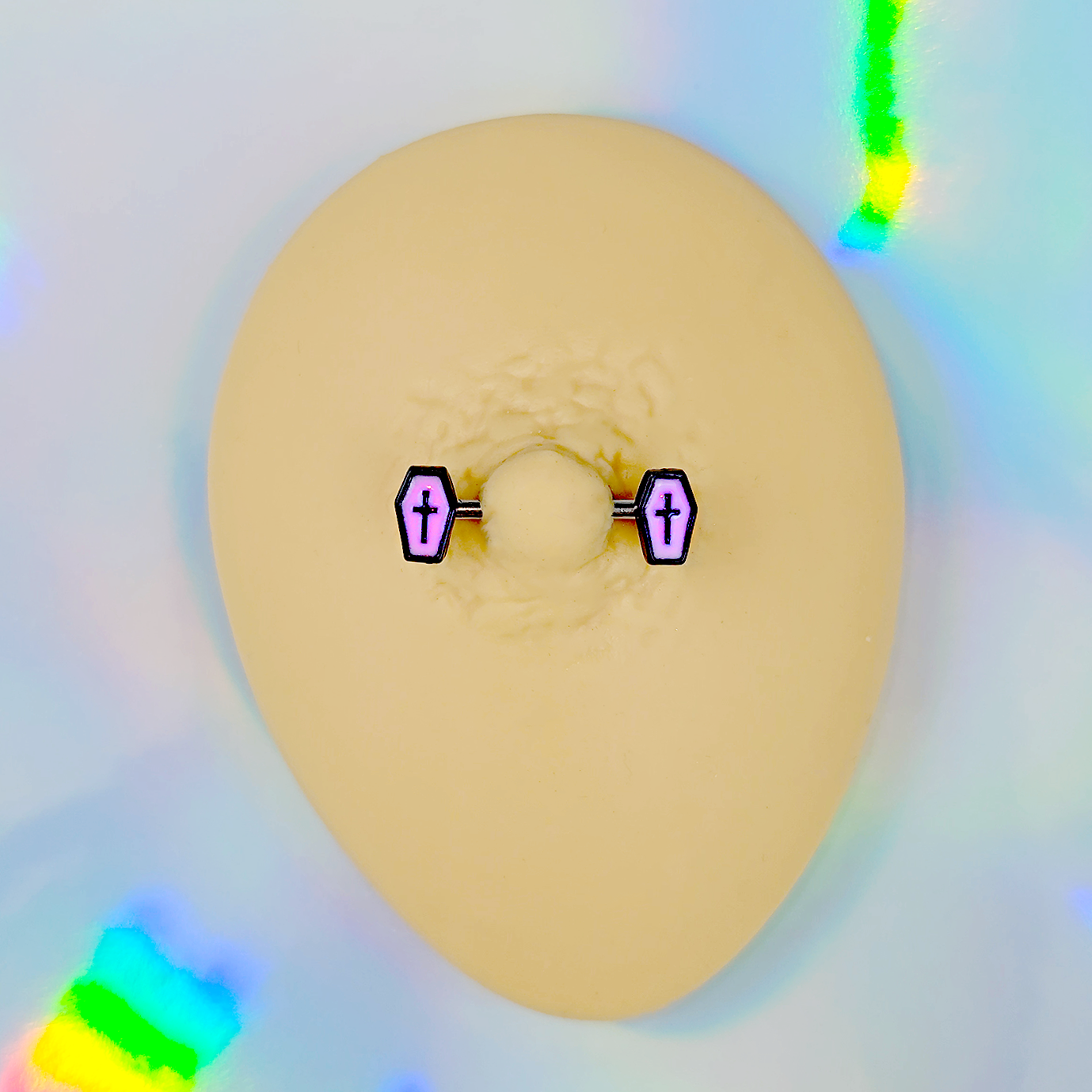 BodyCandy 14G 9/16 Creepy Coffin Lt Purple Glow in the Dark Nipple Ring Set — color detail