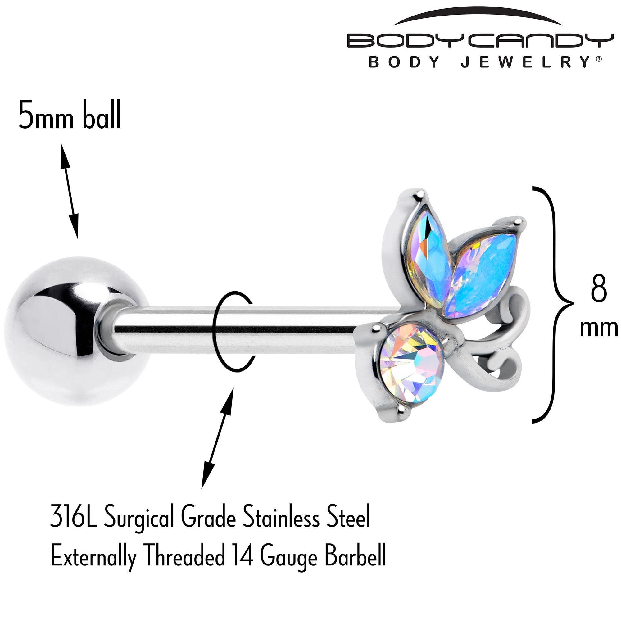 BodyCandy Aurora Gem Fleur de Lis Butterfly Barbell Tongue Ring — detail close-up