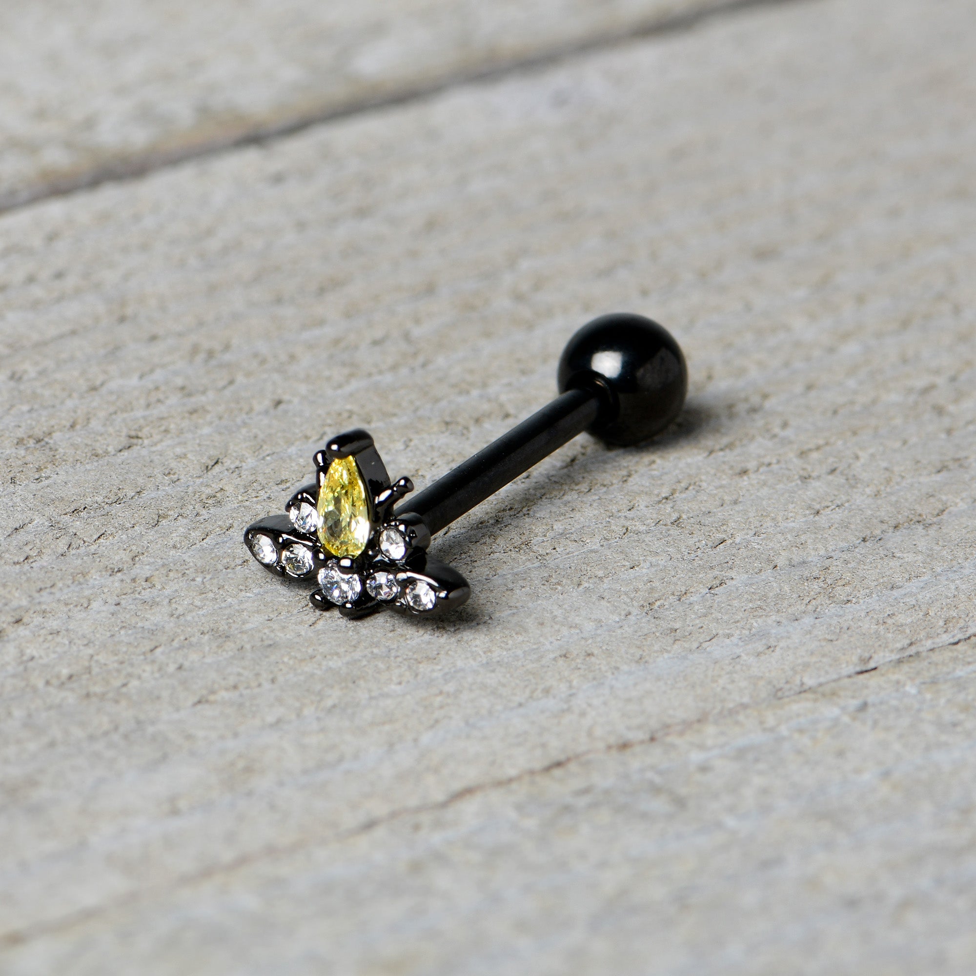 BodyCandy Clear Yellow Gem Black Butterfly Barbell Tongue Ring — in-use photo