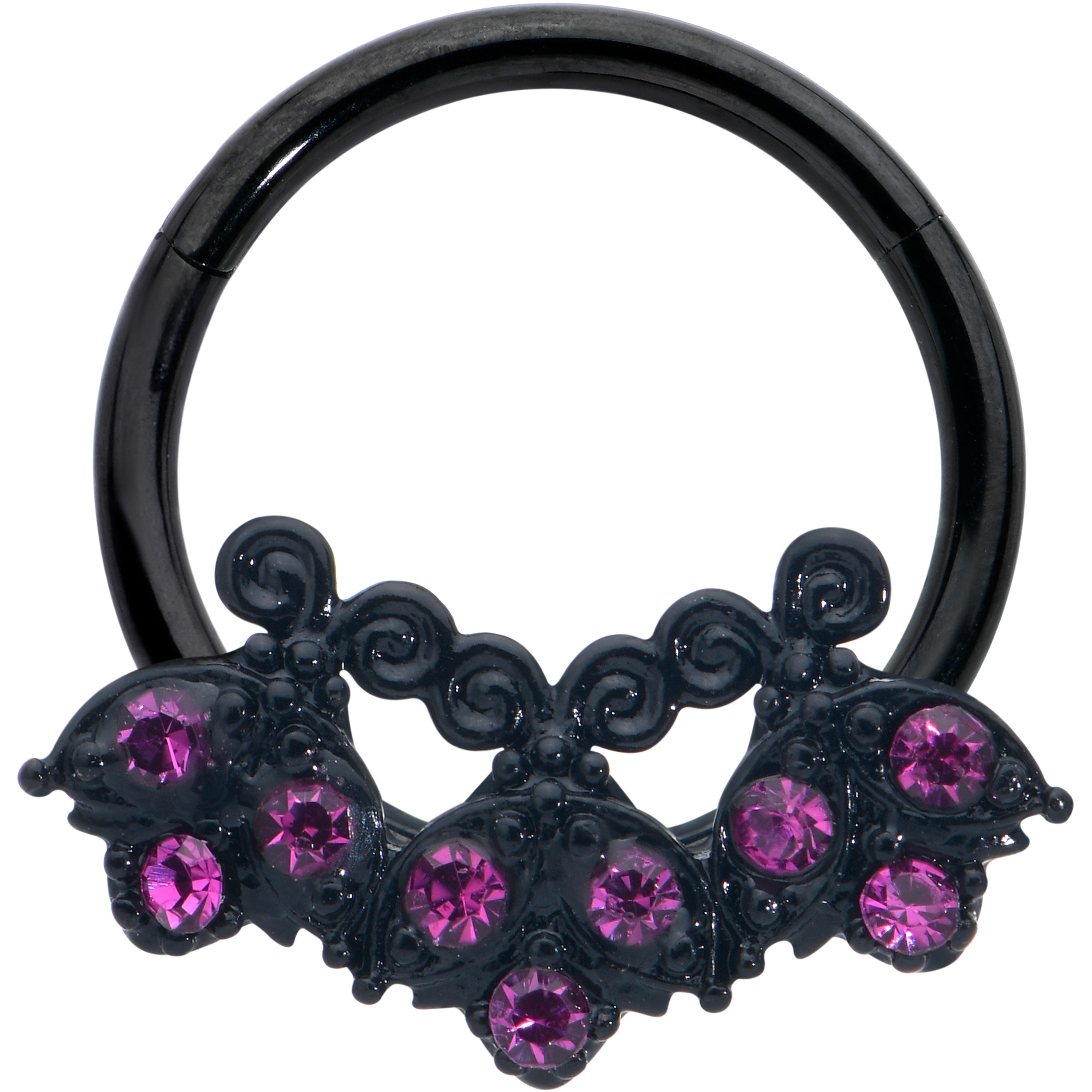 BodyCandy 16G 3/8 Pink Gem Black Night Butterfly Trio Hinged Segment Ring — main product shot
