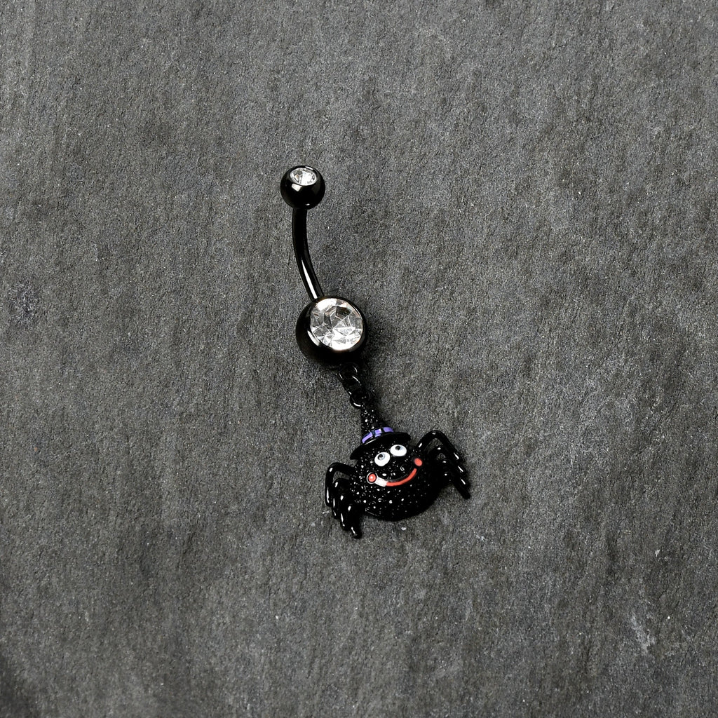 BodyCandy Clear Gem Black Smiling Spider Witch Halloween Dangle Belly Ring — side view