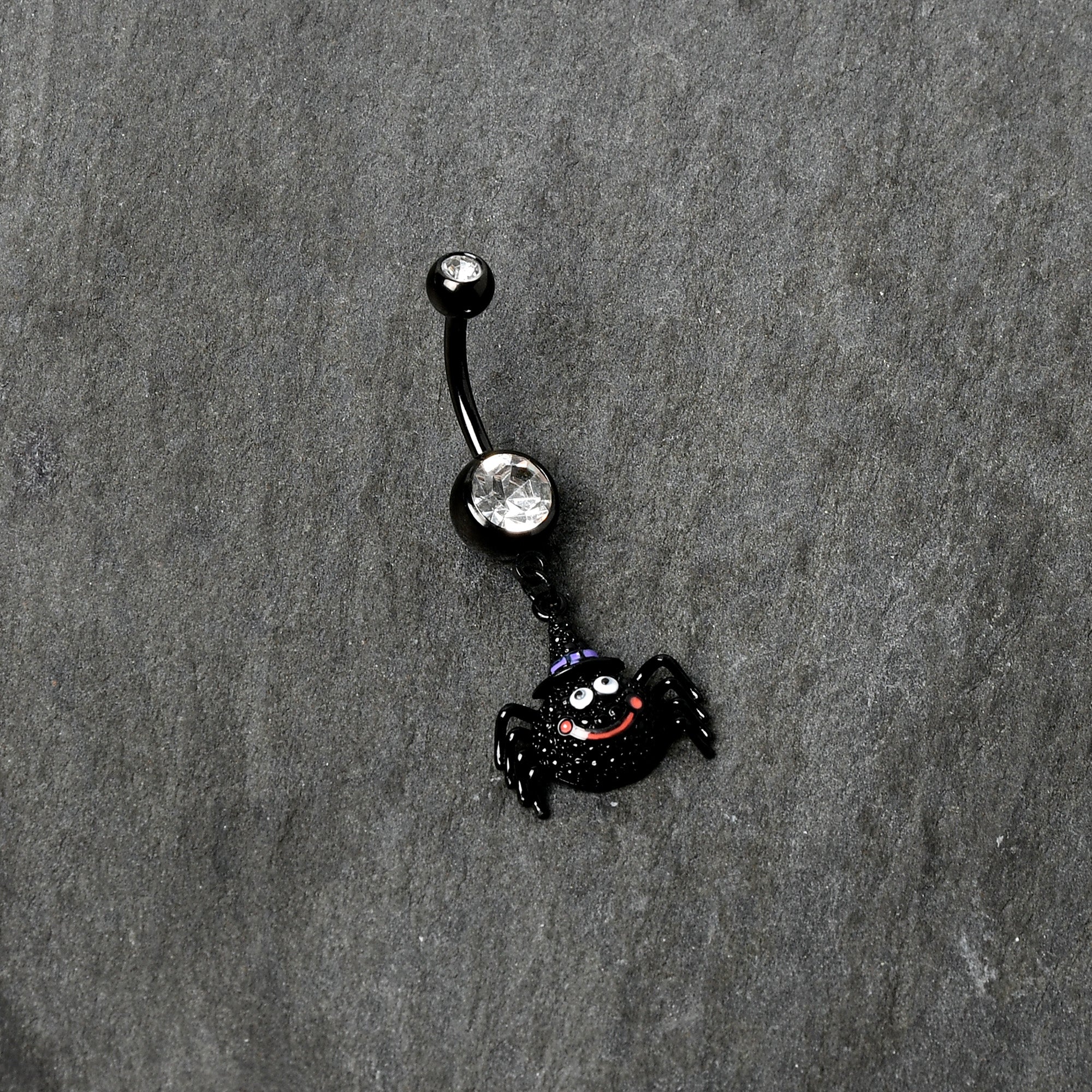 BodyCandy Clear Gem Black Smiling Spider Witch Halloween Dangle Belly Ring — side view
