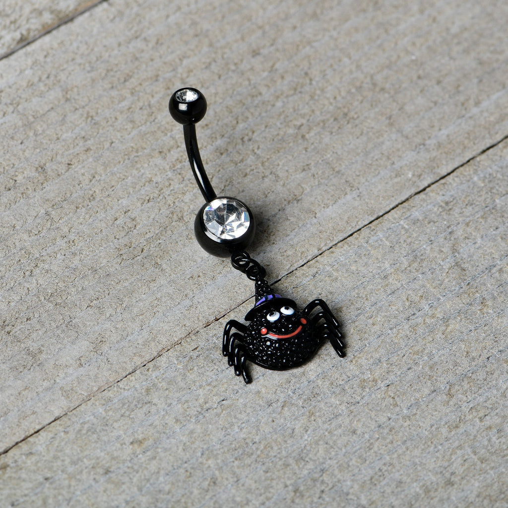 BodyCandy Clear Gem Black Smiling Spider Witch Halloween Dangle Belly Ring — back view