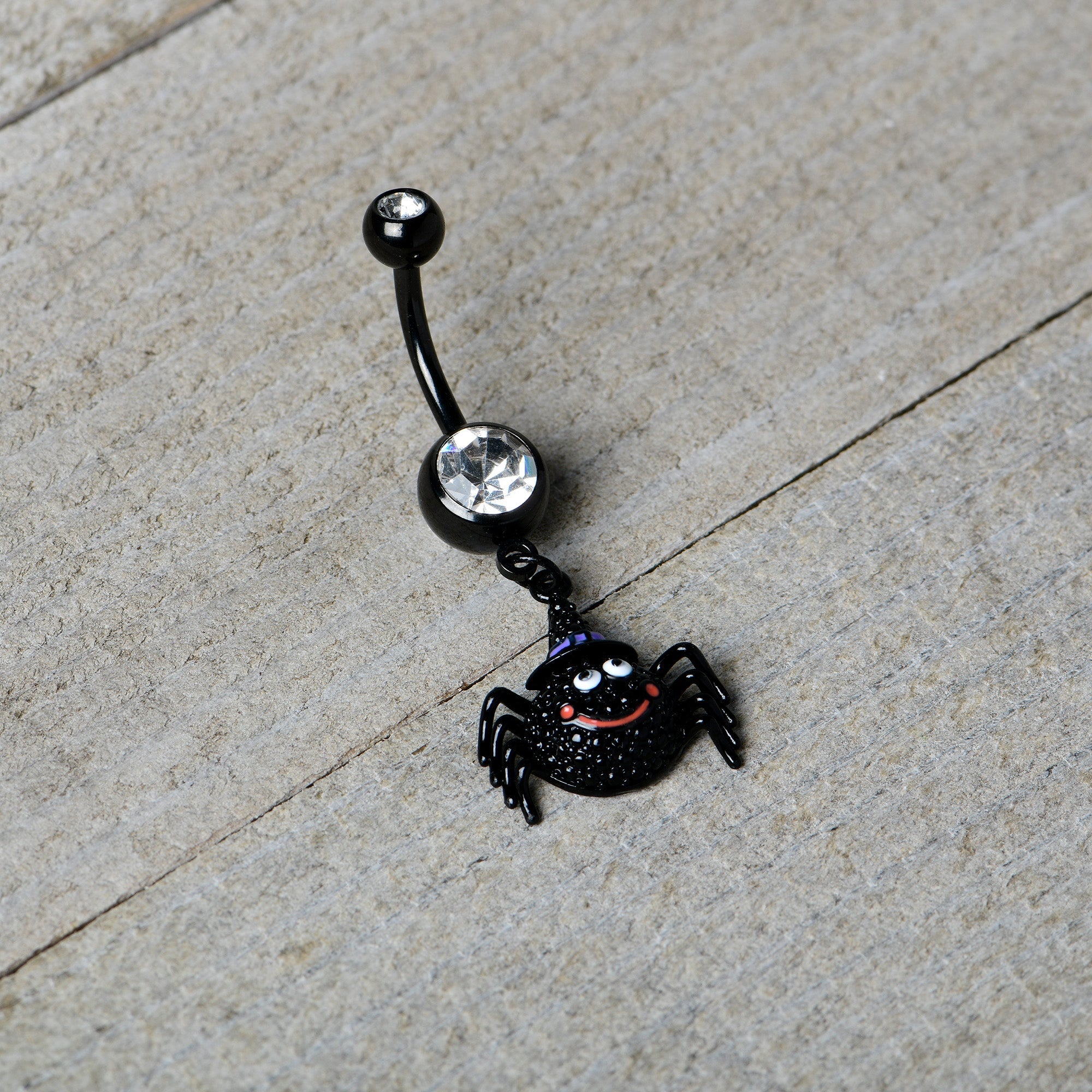 BodyCandy Clear Gem Black Smiling Spider Witch Halloween Dangle Belly Ring — back view
