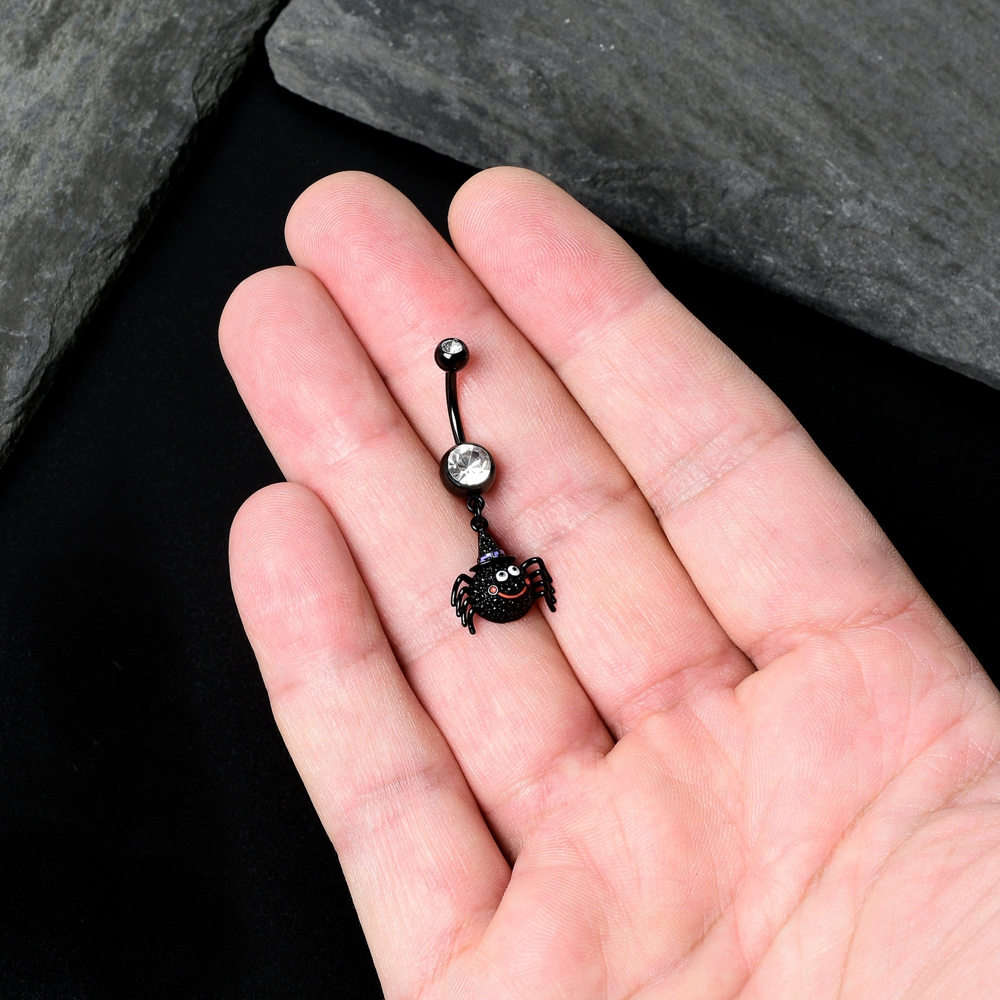 BodyCandy Clear Gem Black Smiling Spider Witch Halloween Dangle Belly Ring — alternative angle