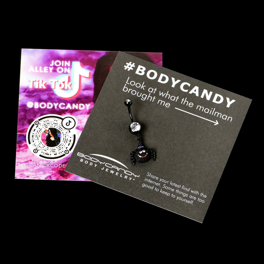 BodyCandy Clear Gem Black Smiling Spider Witch Halloween Dangle Belly Ring — in-use photo
