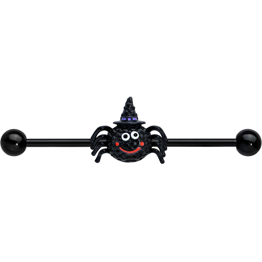 BodyCandy 14G Black Halloween Smiling Witch Spider Industrial Barbell 38mm — detail close-up