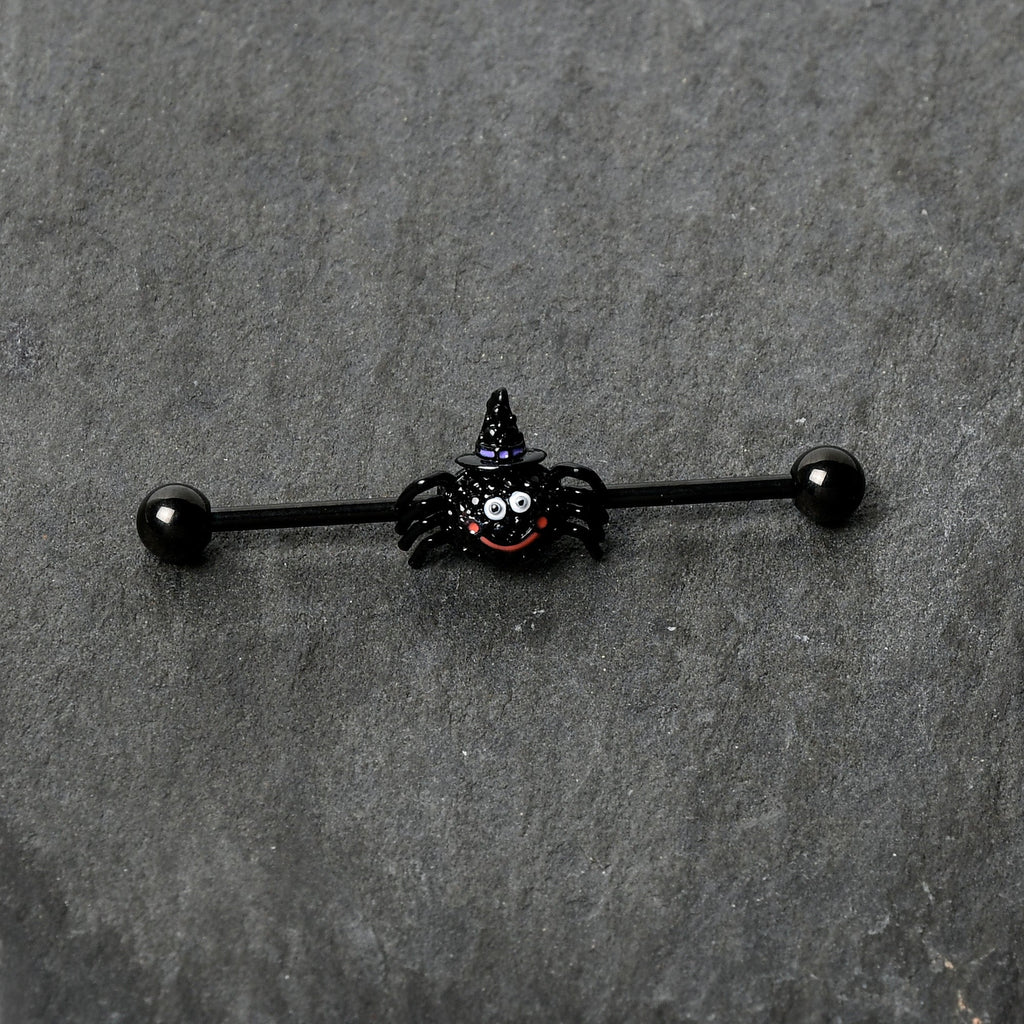BodyCandy 14G Black Halloween Smiling Witch Spider Industrial Barbell 38mm — side view