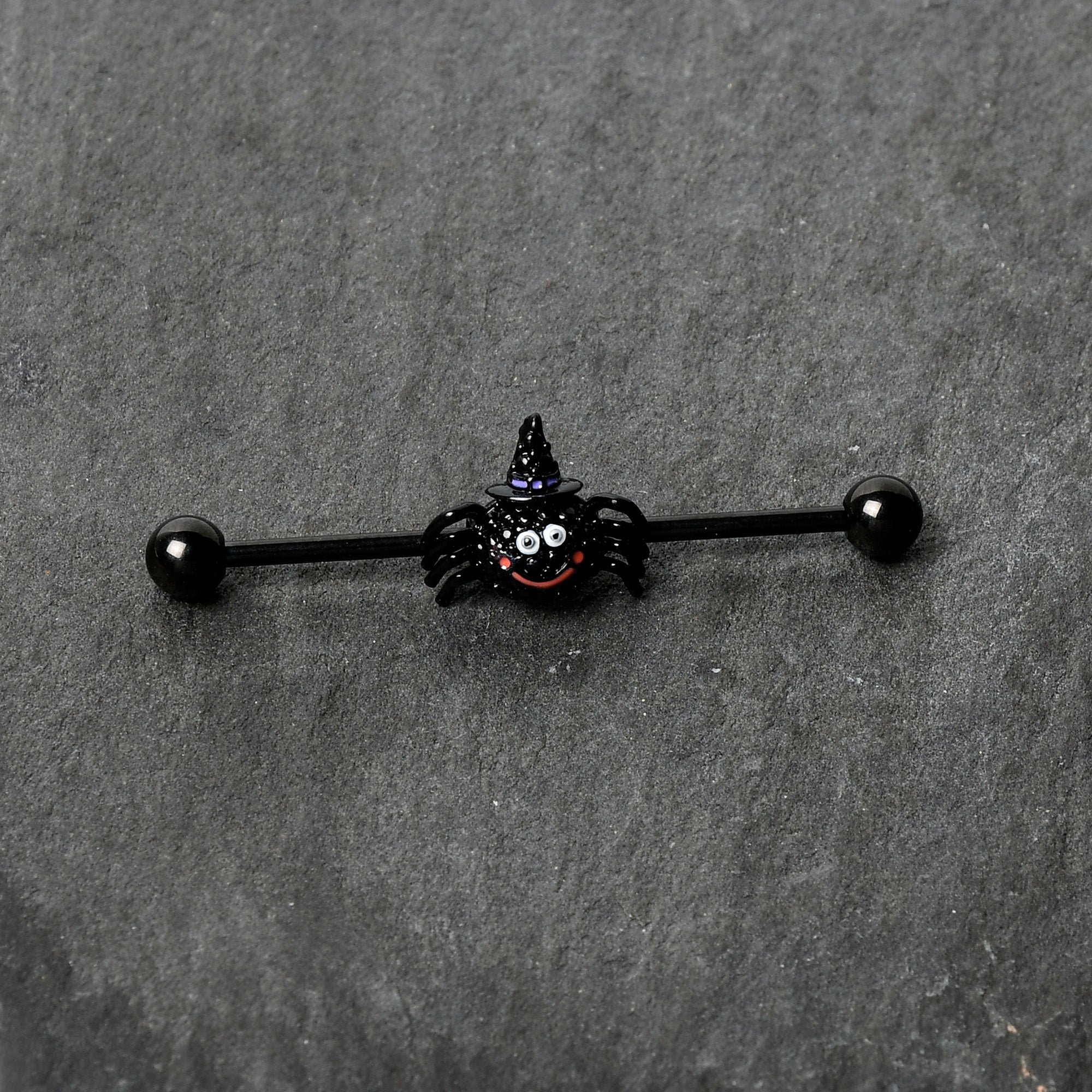 BodyCandy 14G Black Halloween Smiling Witch Spider Industrial Barbell 38mm — side view