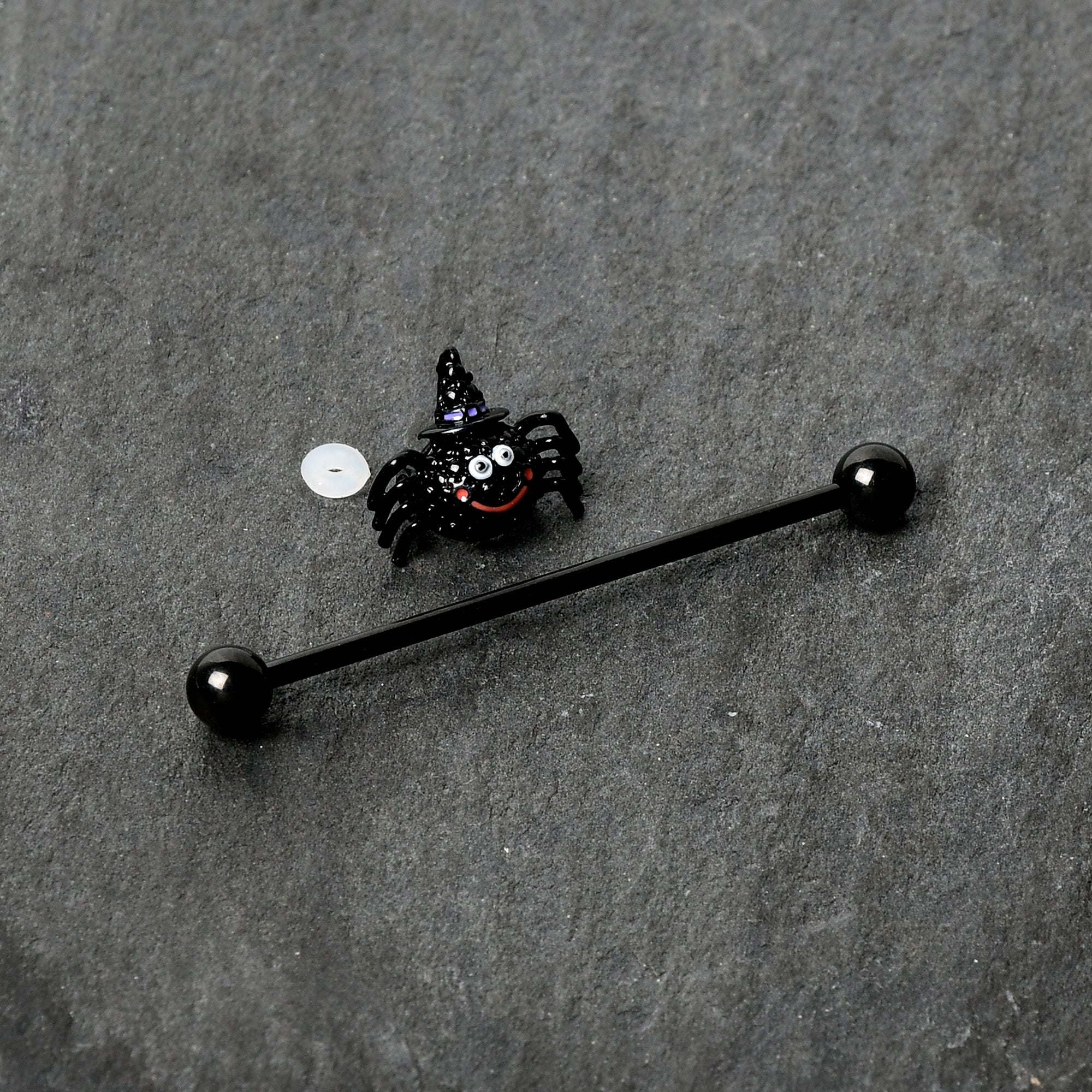 BodyCandy 14G Black Halloween Smiling Witch Spider Industrial Barbell 38mm — back view