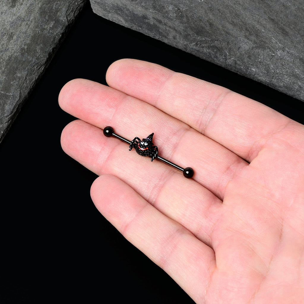 BodyCandy 14G Black Halloween Smiling Witch Spider Industrial Barbell 38mm — in-use photo
