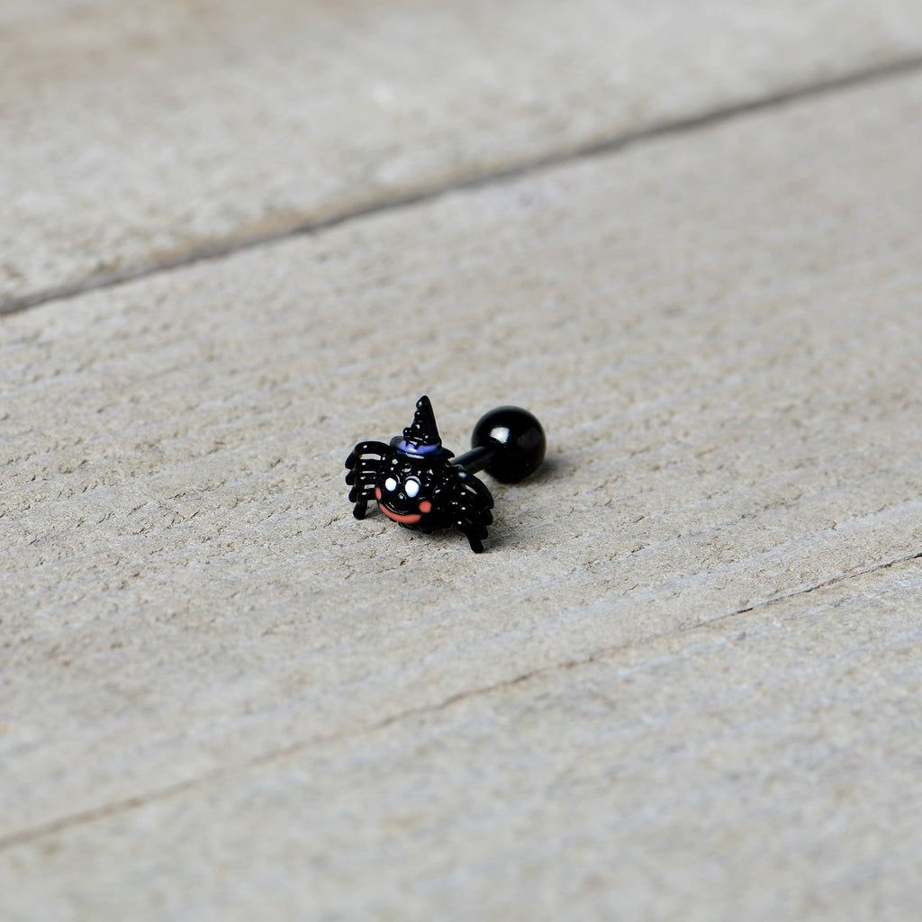 BodyCandy 16G 1/4 Black Halloween Witchy Smiling Spider Cartilage Earring — in-use photo