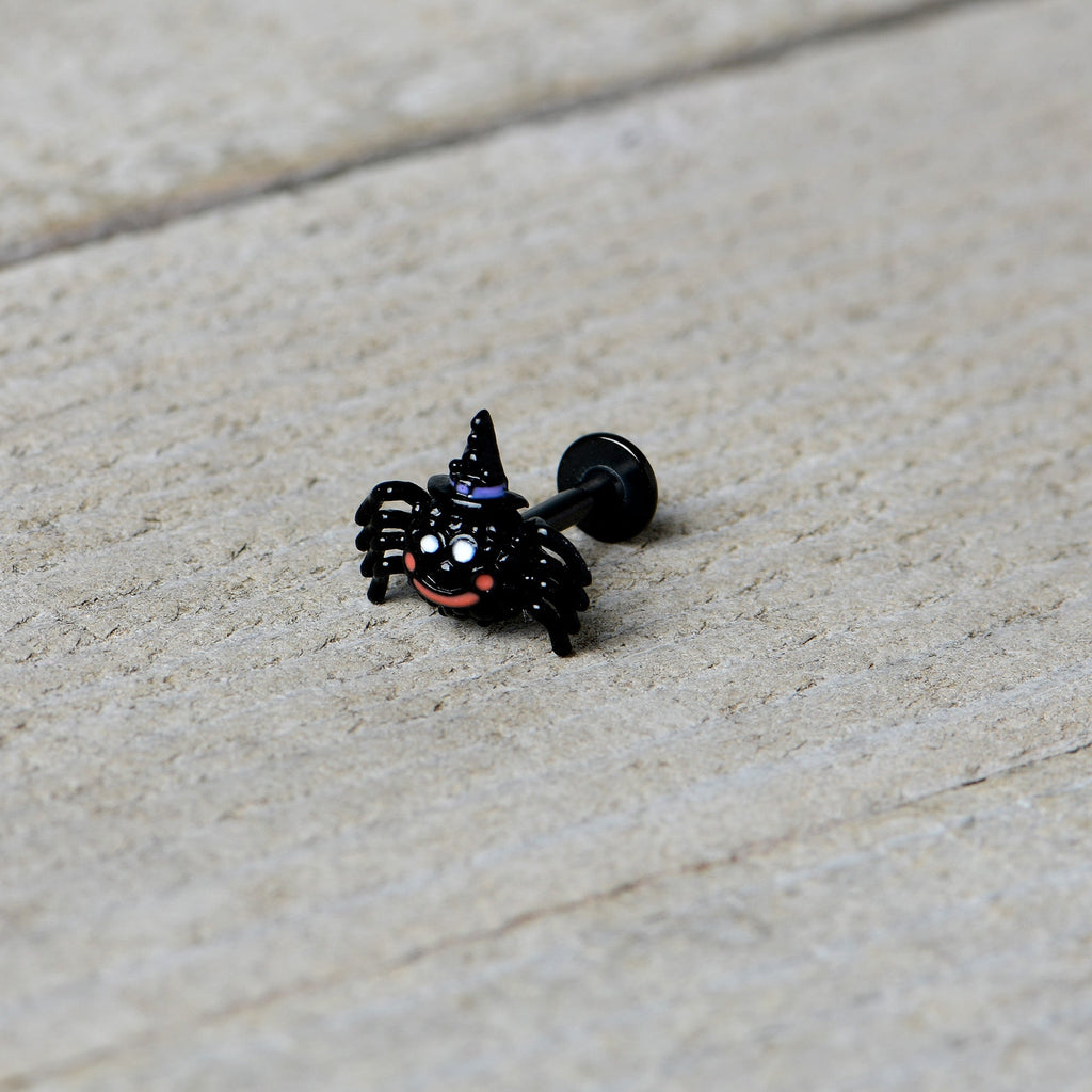 BodyCandy 16G 5/16 Black Halloween Witch Smiling Spider Labret Monroe Tragus — in-use photo