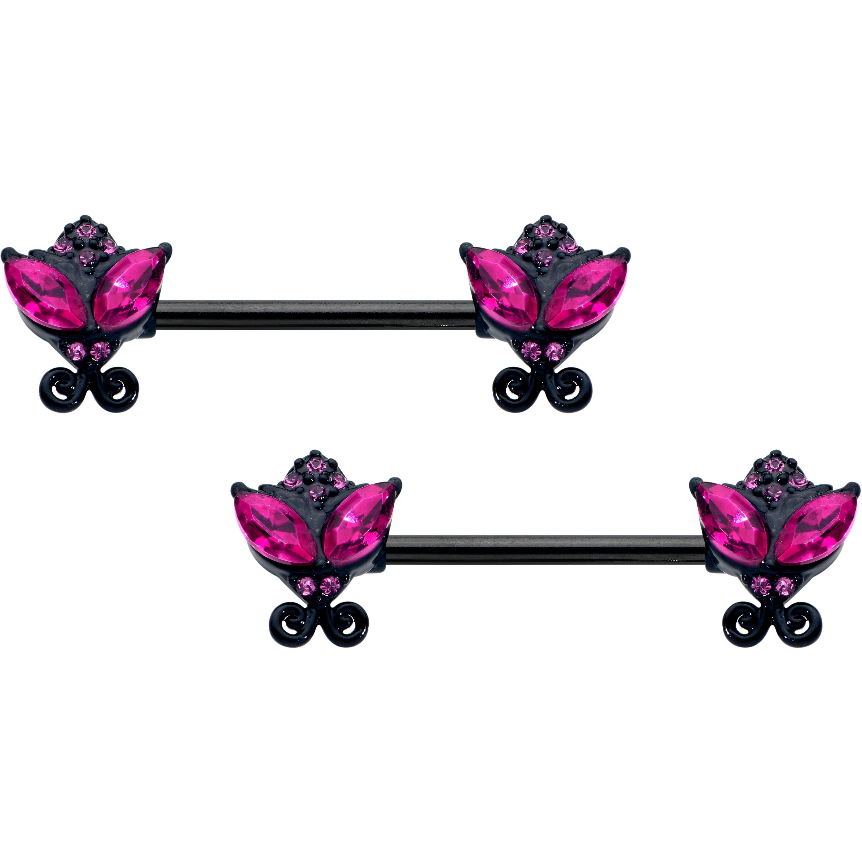 BodyCandy 14G 9/16 Pink Gem Black Night Butterflies Barbell Nipple Ring Set — main product shot