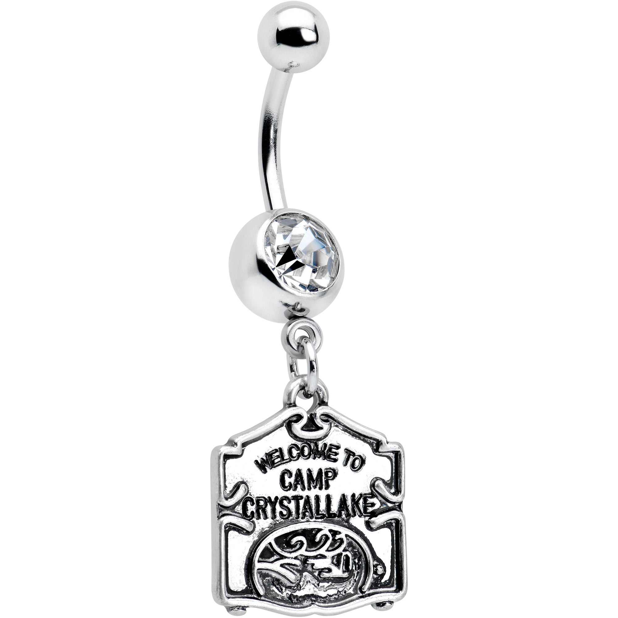 BodyCandy Officially Licensed Friday the 13th Clear Gem Camp Sign Dangle Belly Ring — main product shot