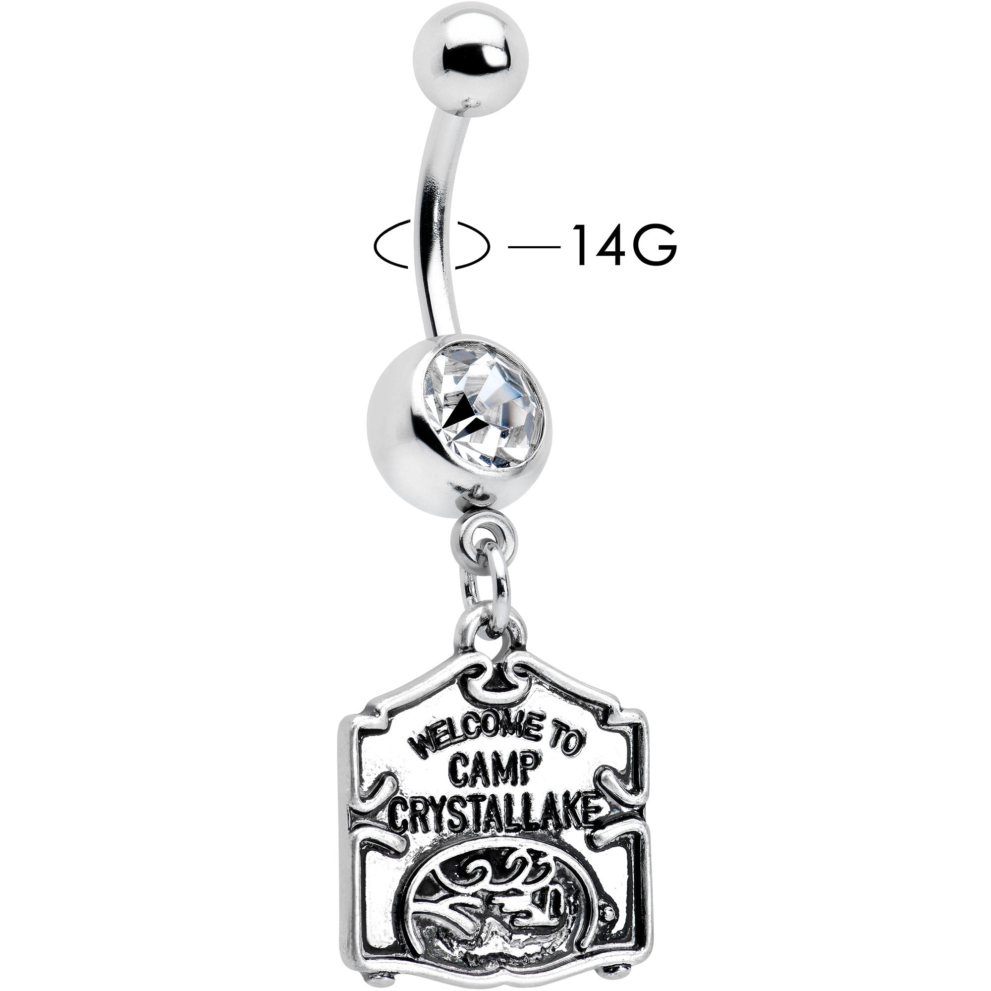 BodyCandy Officially Licensed Friday the 13th Clear Gem Camp Sign Dangle Belly Ring — detail close-up