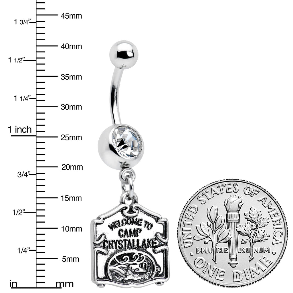 BodyCandy Officially Licensed Friday the 13th Clear Gem Camp Sign Dangle Belly Ring — lifestyle context