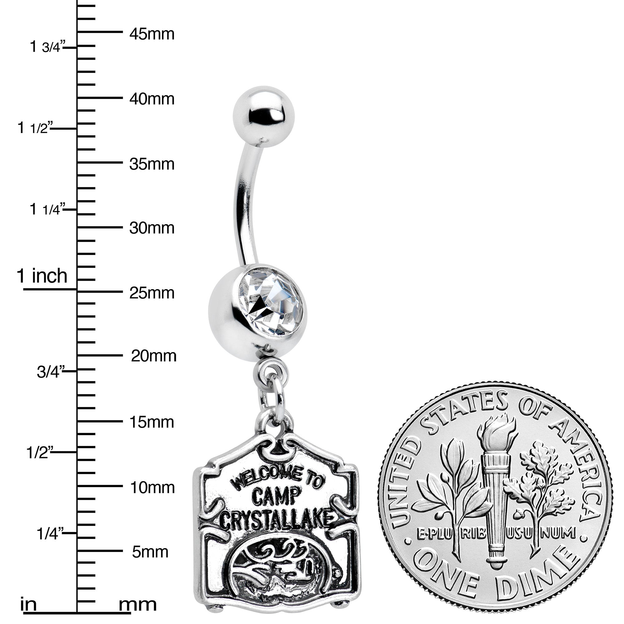 BodyCandy Officially Licensed Friday the 13th Clear Gem Camp Sign Dangle Belly Ring — lifestyle context