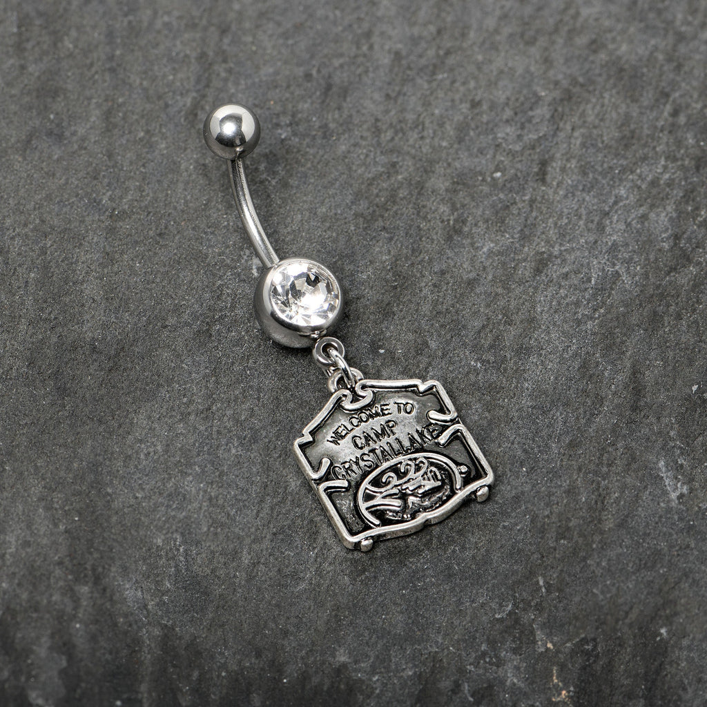 BodyCandy Officially Licensed Friday the 13th Clear Gem Camp Sign Dangle Belly Ring — side view