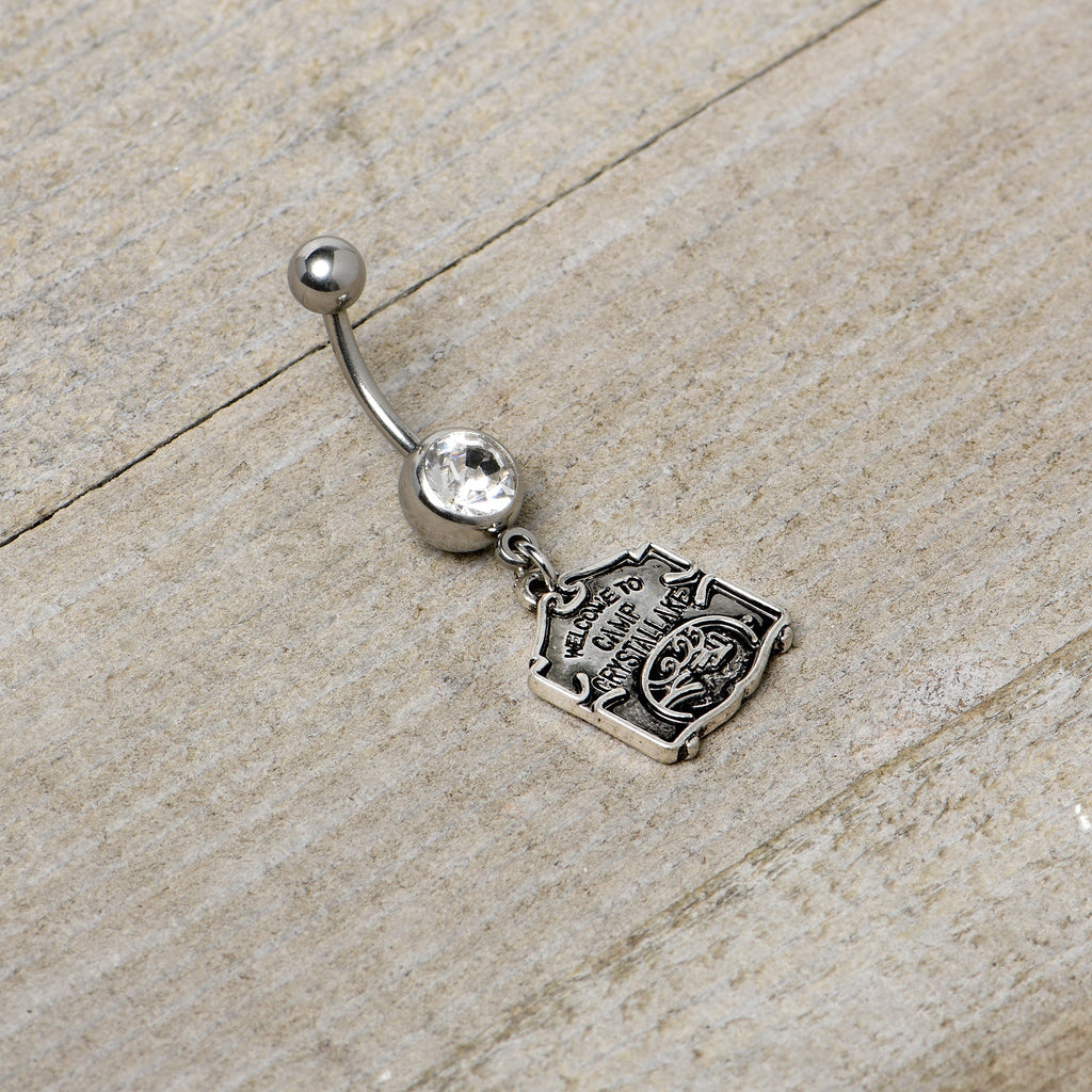 BodyCandy Officially Licensed Friday the 13th Clear Gem Camp Sign Dangle Belly Ring — back view