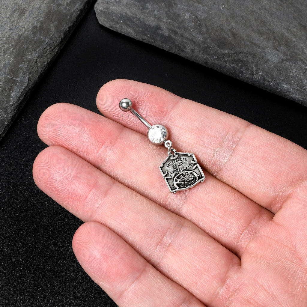 BodyCandy Officially Licensed Friday the 13th Clear Gem Camp Sign Dangle Belly Ring — alternative angle