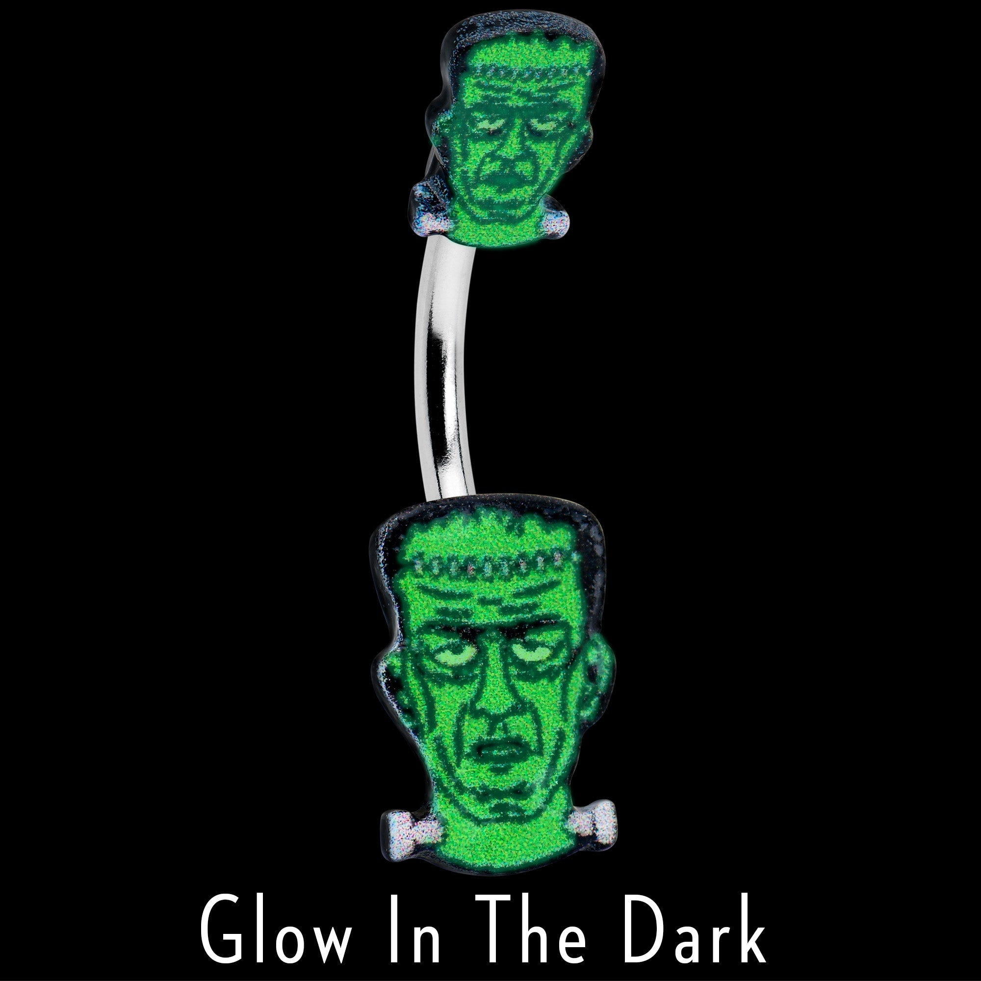 BodyCandy Frankenstein Head Green Glow in the Dark Double Mount Belly Ring — detail close-up