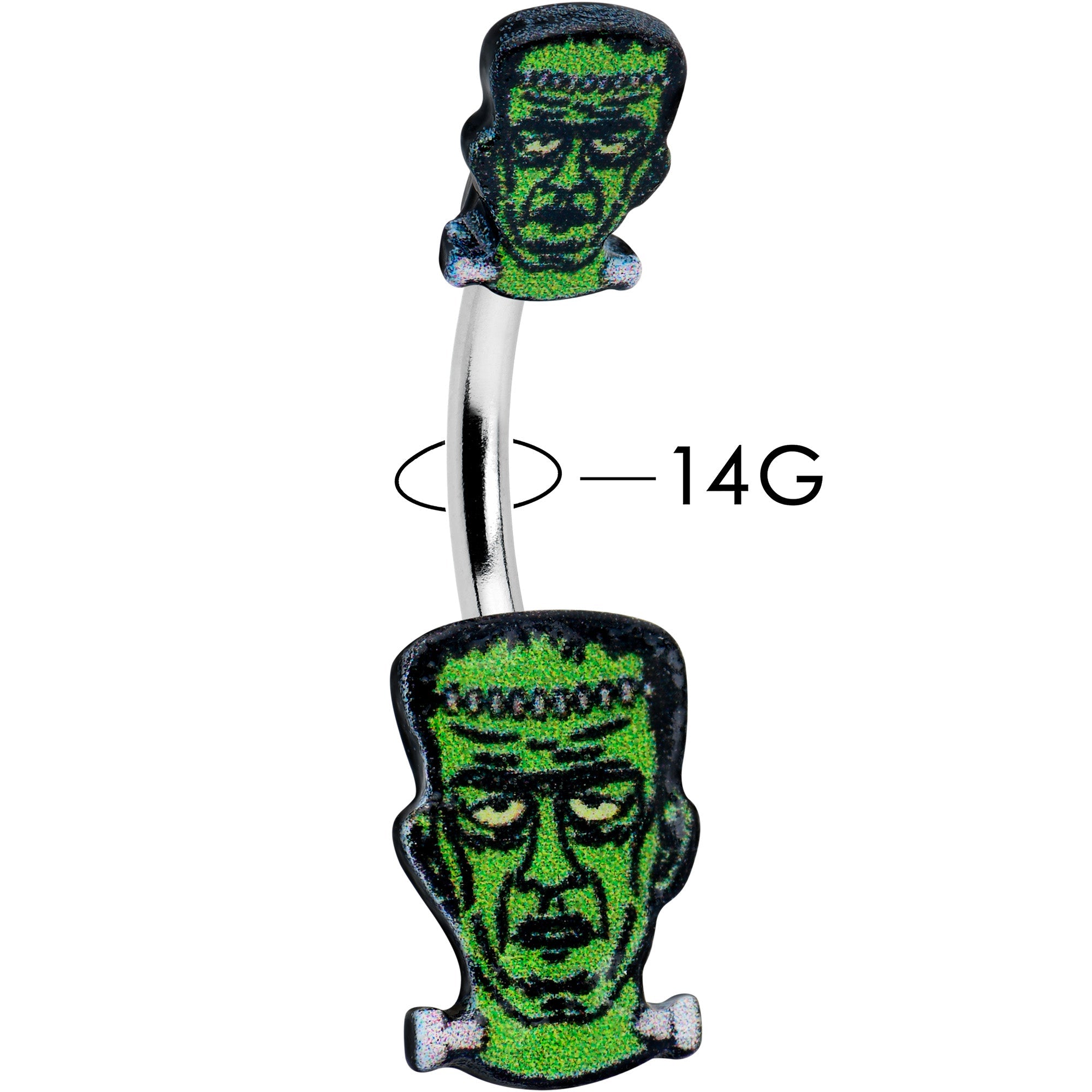 BodyCandy Frankenstein Head Green Glow in the Dark Double Mount Belly Ring — lifestyle context