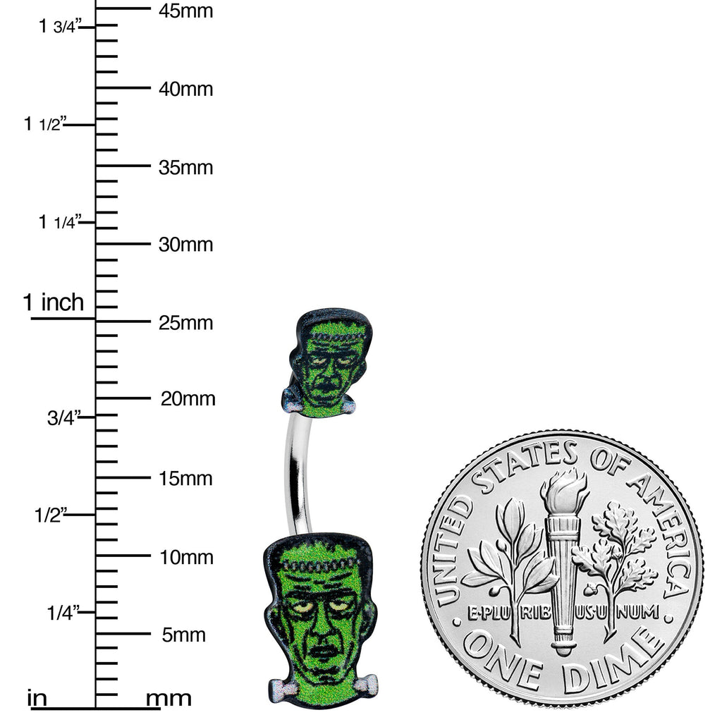 BodyCandy Frankenstein Head Green Glow in the Dark Double Mount Belly Ring — side view