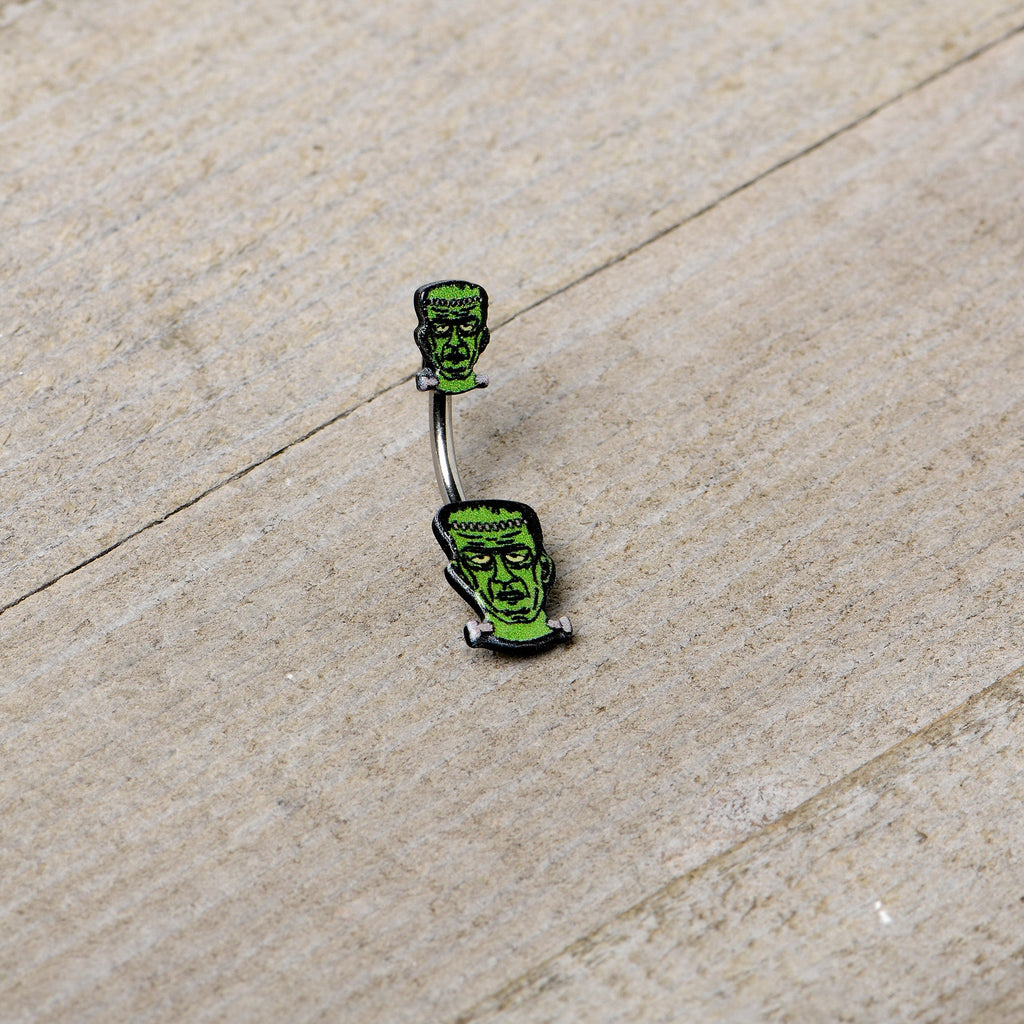 BodyCandy Frankenstein Head Green Glow in the Dark Double Mount Belly Ring — alternative angle