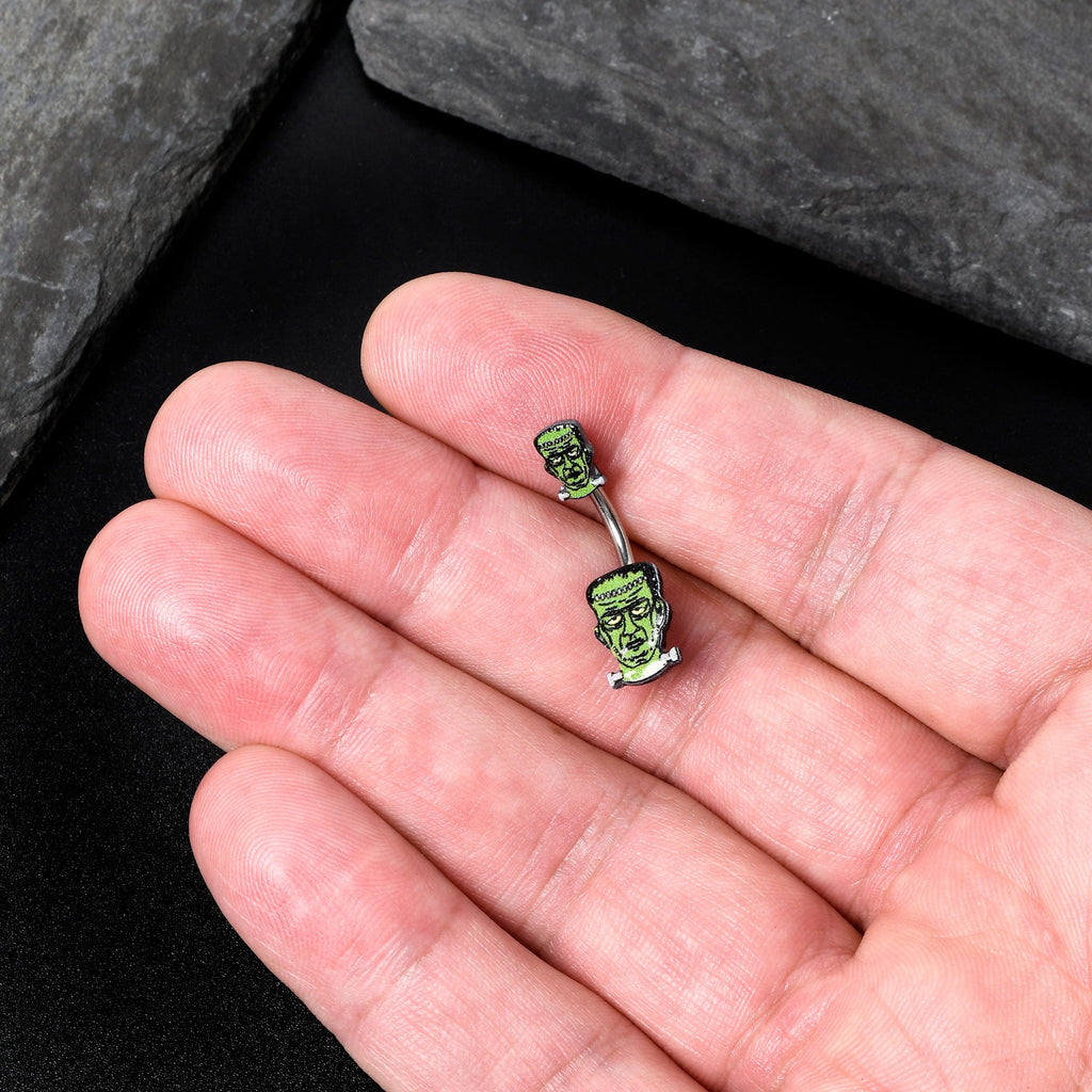 BodyCandy Frankenstein Head Green Glow in the Dark Double Mount Belly Ring — in-use photo