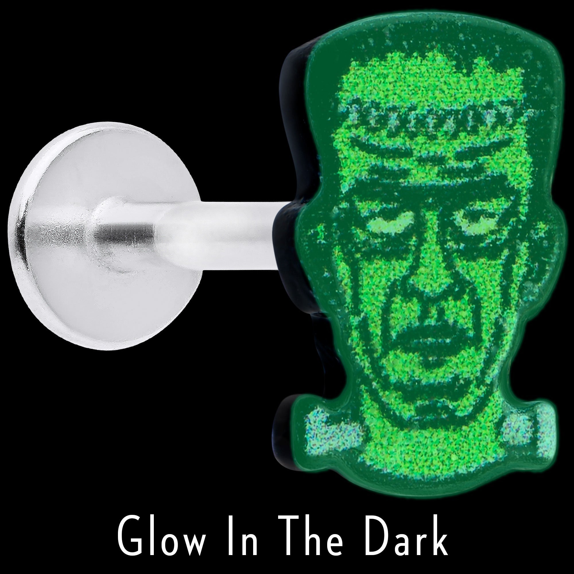 BodyCandy 16G 5/16 Frankenstein Head Green Glow in the Dark Labret Tragus — side view