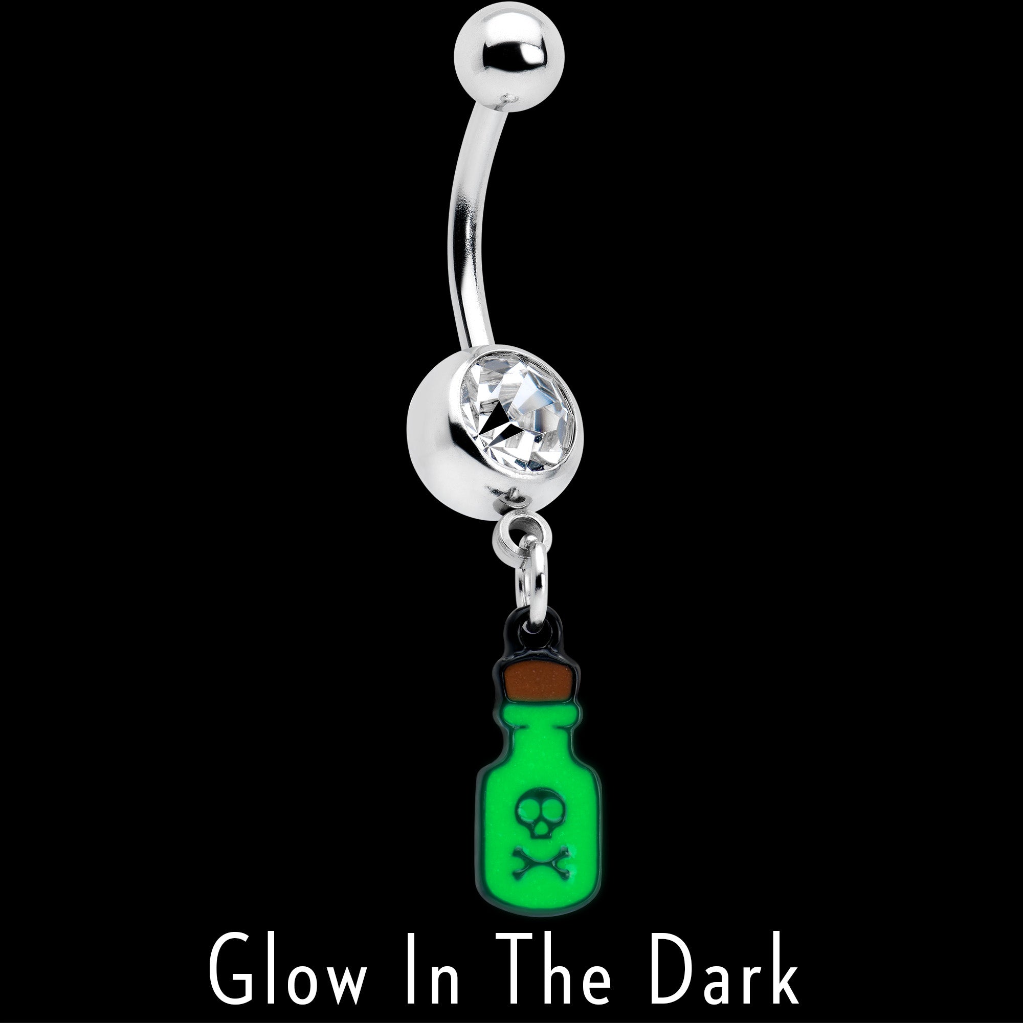 BodyCandy Clear Gem Green Poison Bottle Glow in the Dark Dangle Belly Ring — detail close-up