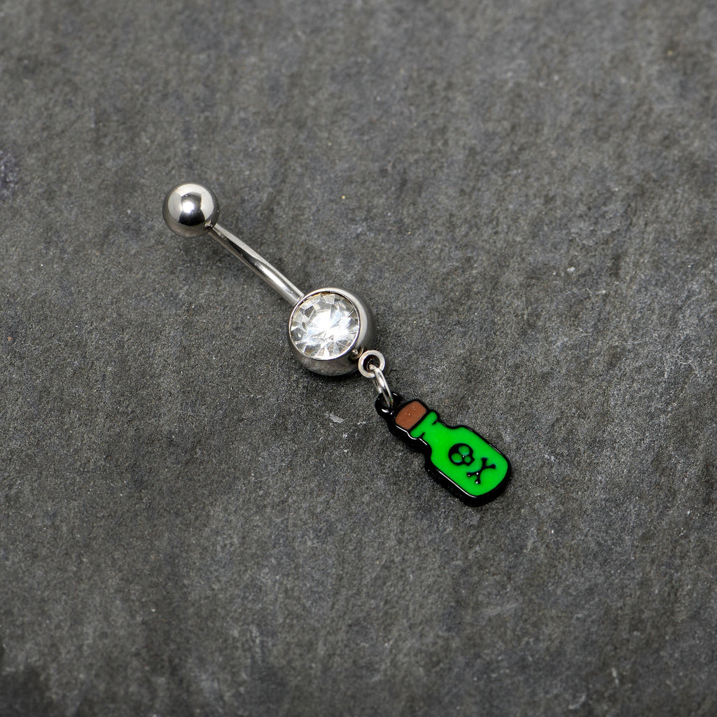 BodyCandy Clear Gem Green Poison Bottle Glow in the Dark Dangle Belly Ring — back view