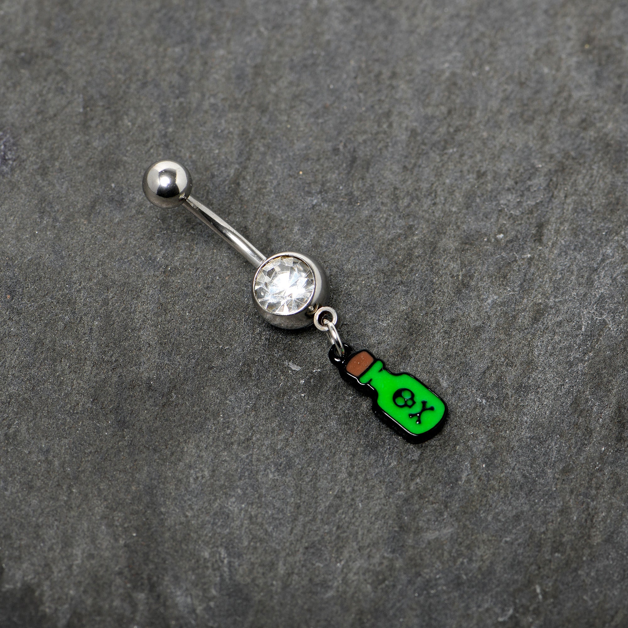 BodyCandy Clear Gem Green Poison Bottle Glow in the Dark Dangle Belly Ring — back view