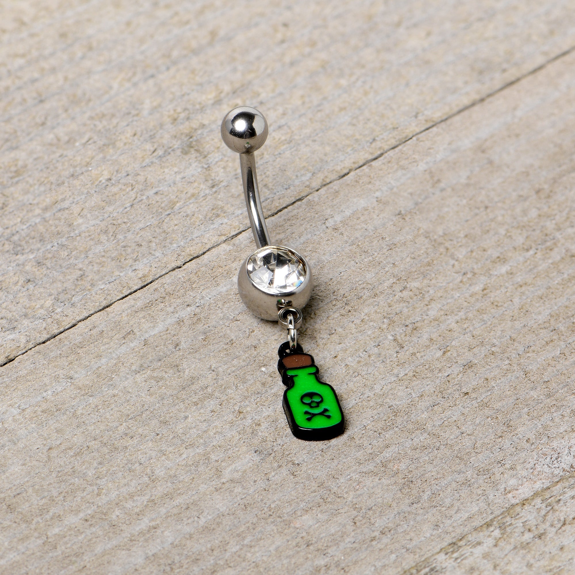 BodyCandy Clear Gem Green Poison Bottle Glow in the Dark Dangle Belly Ring — alternative angle