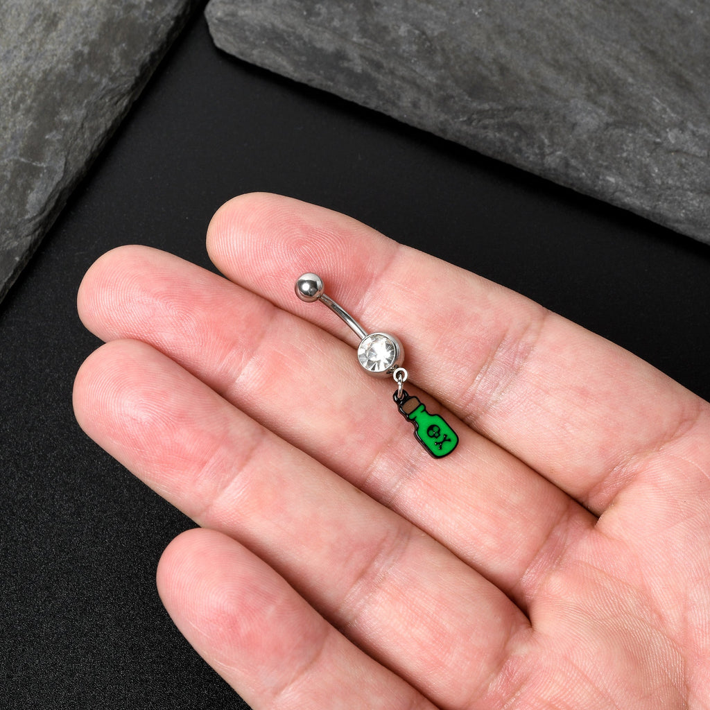 BodyCandy Clear Gem Green Poison Bottle Glow in the Dark Dangle Belly Ring — in-use photo