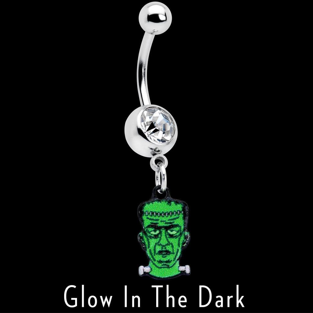 BodyCandy Clear Gem Frankenstein Head Green Glow in the Dark Dangle Belly Ring — detail close-up
