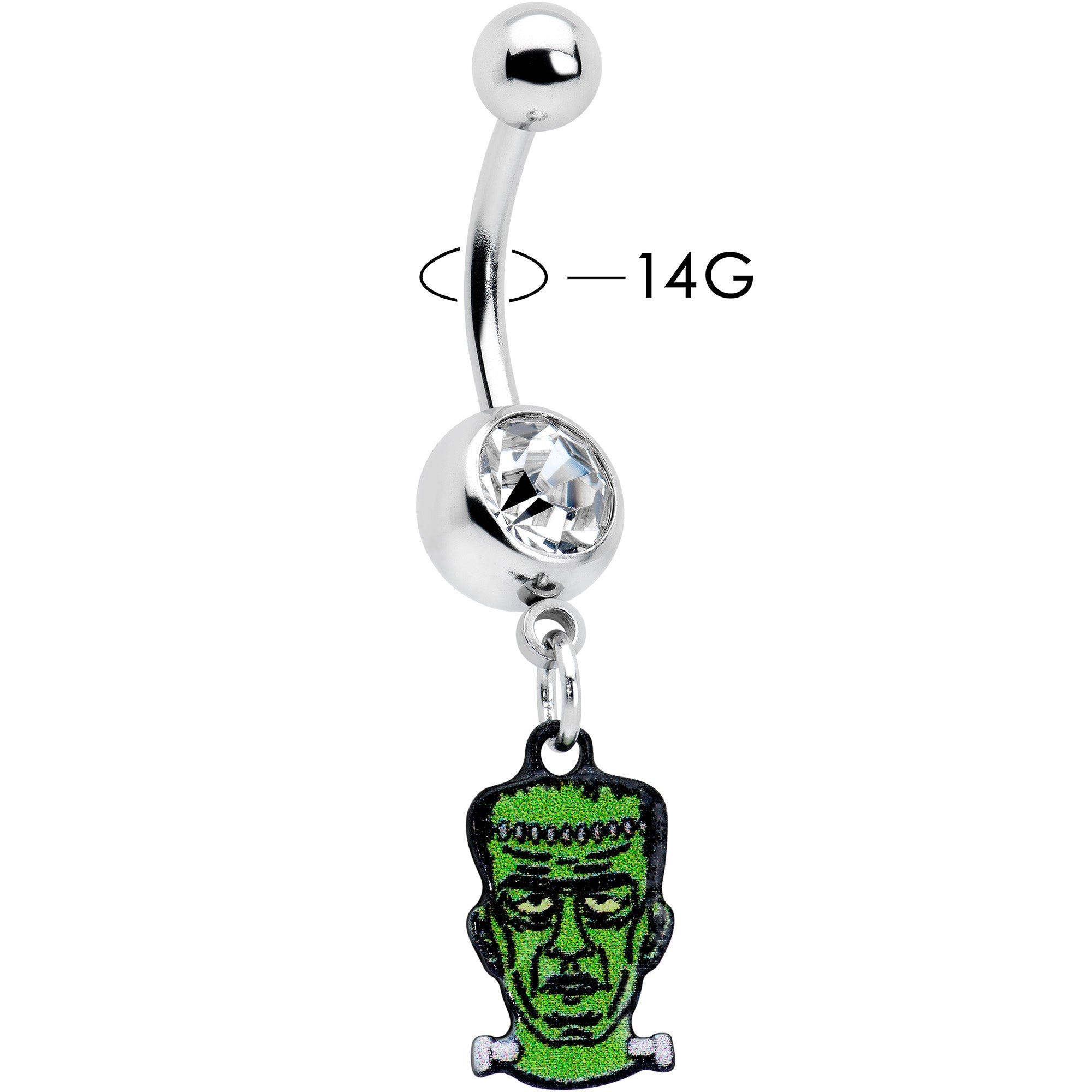BodyCandy Clear Gem Frankenstein Head Green Glow in the Dark Dangle Belly Ring — lifestyle context