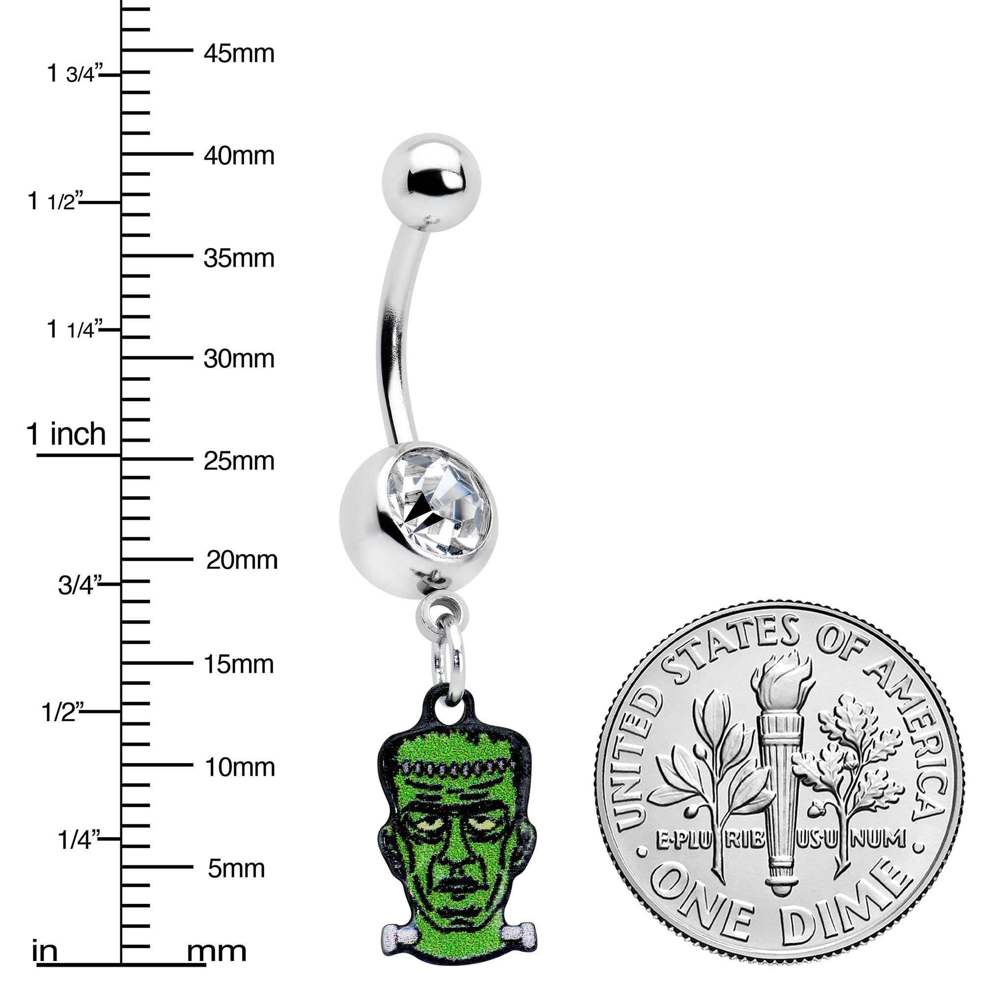 BodyCandy Clear Gem Frankenstein Head Green Glow in the Dark Dangle Belly Ring — side view