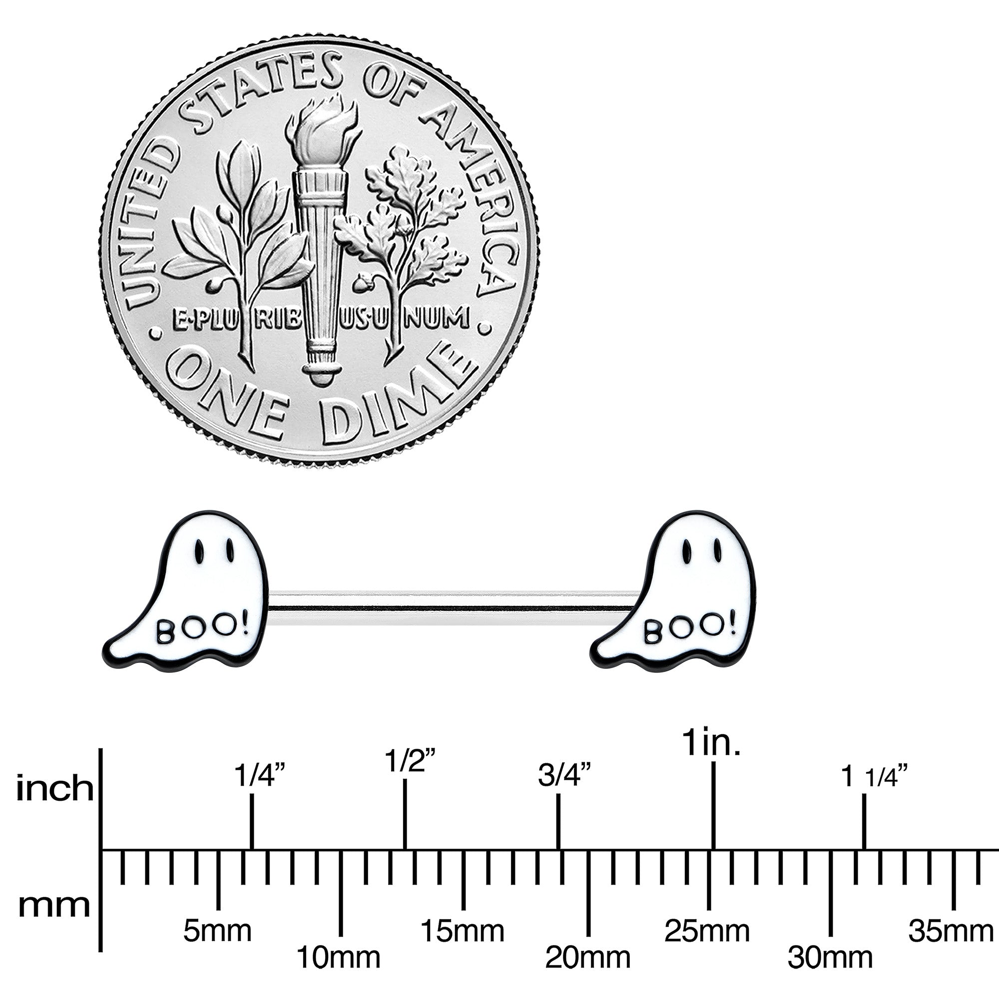 BodyCandy 14G 9/16 Halloween Ghost Glow in the Dark Barbell Nipple Ring Set — side view