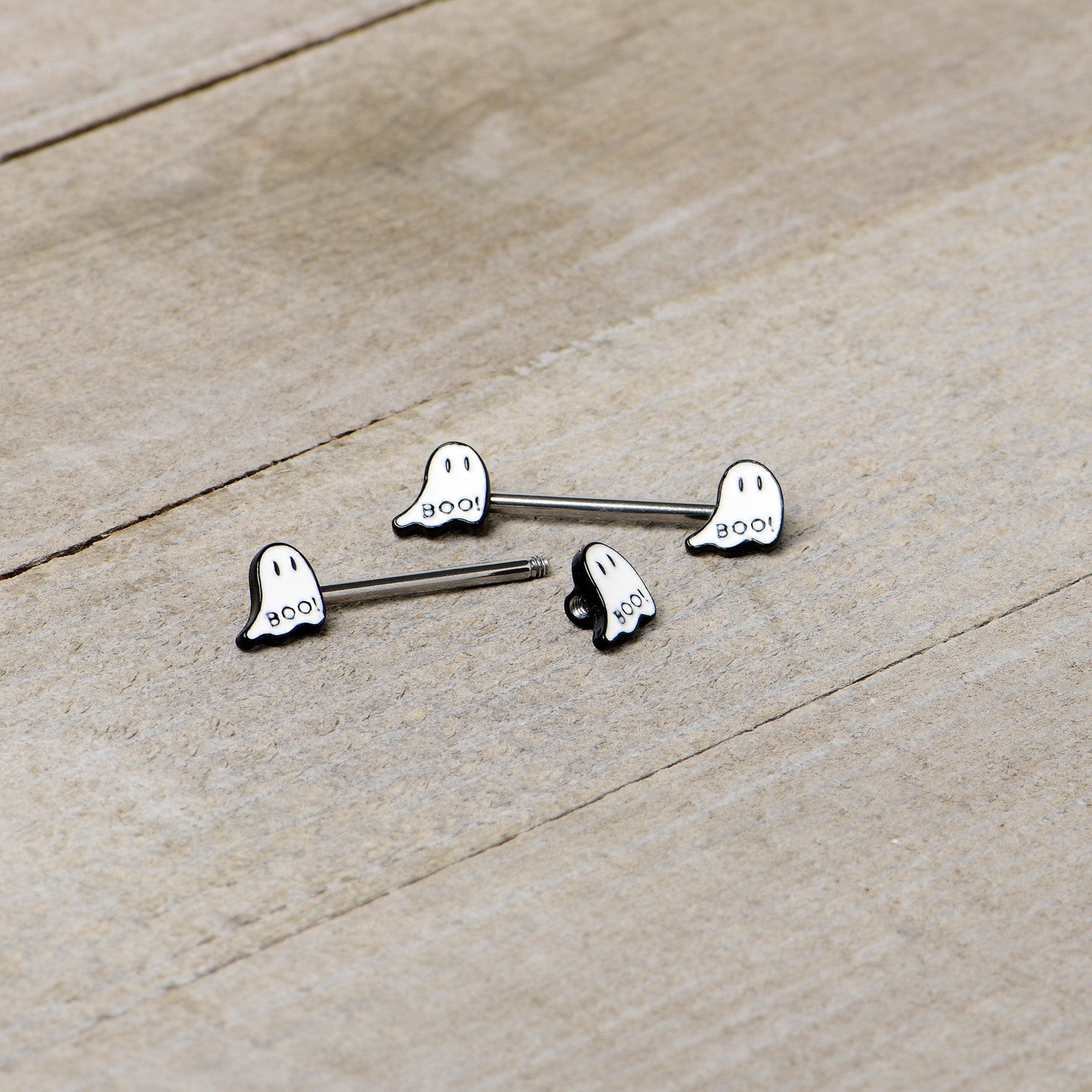 BodyCandy 14G 9/16 Halloween Ghost Glow in the Dark Barbell Nipple Ring Set — alternative angle