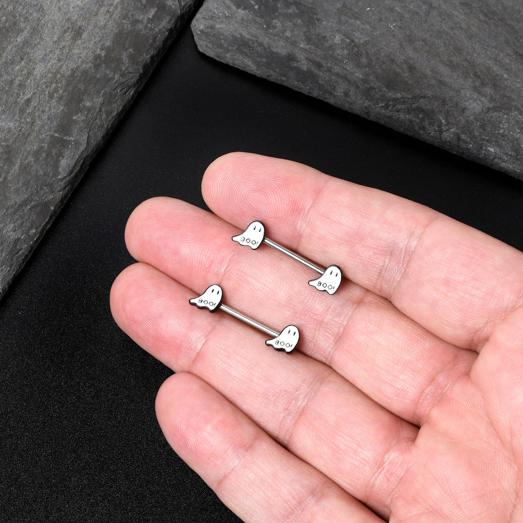BodyCandy 14G 9/16 Halloween Ghost Glow in the Dark Barbell Nipple Ring Set — in-use photo