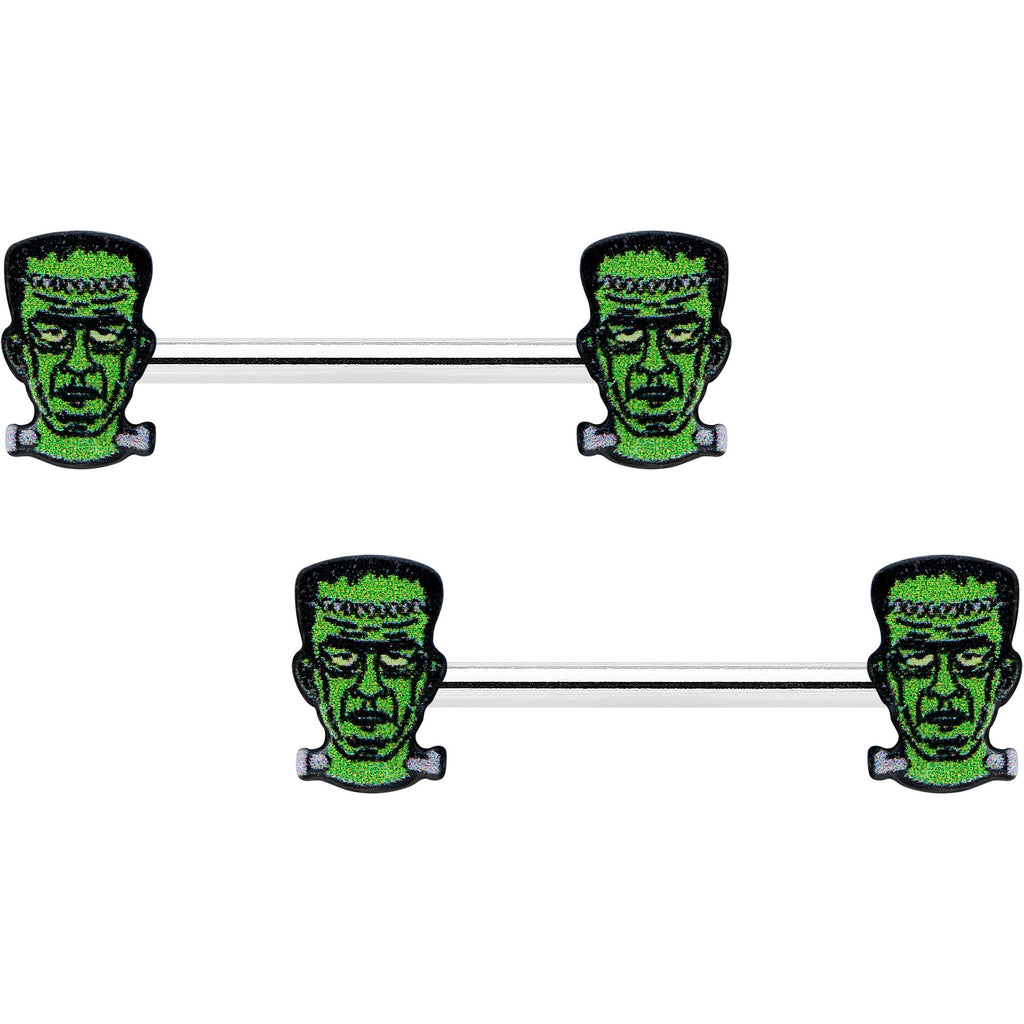 BodyCandy 14G 9/16 Frankenstein Head Green Glow in the Dark Nipple Ring Set — main product shot